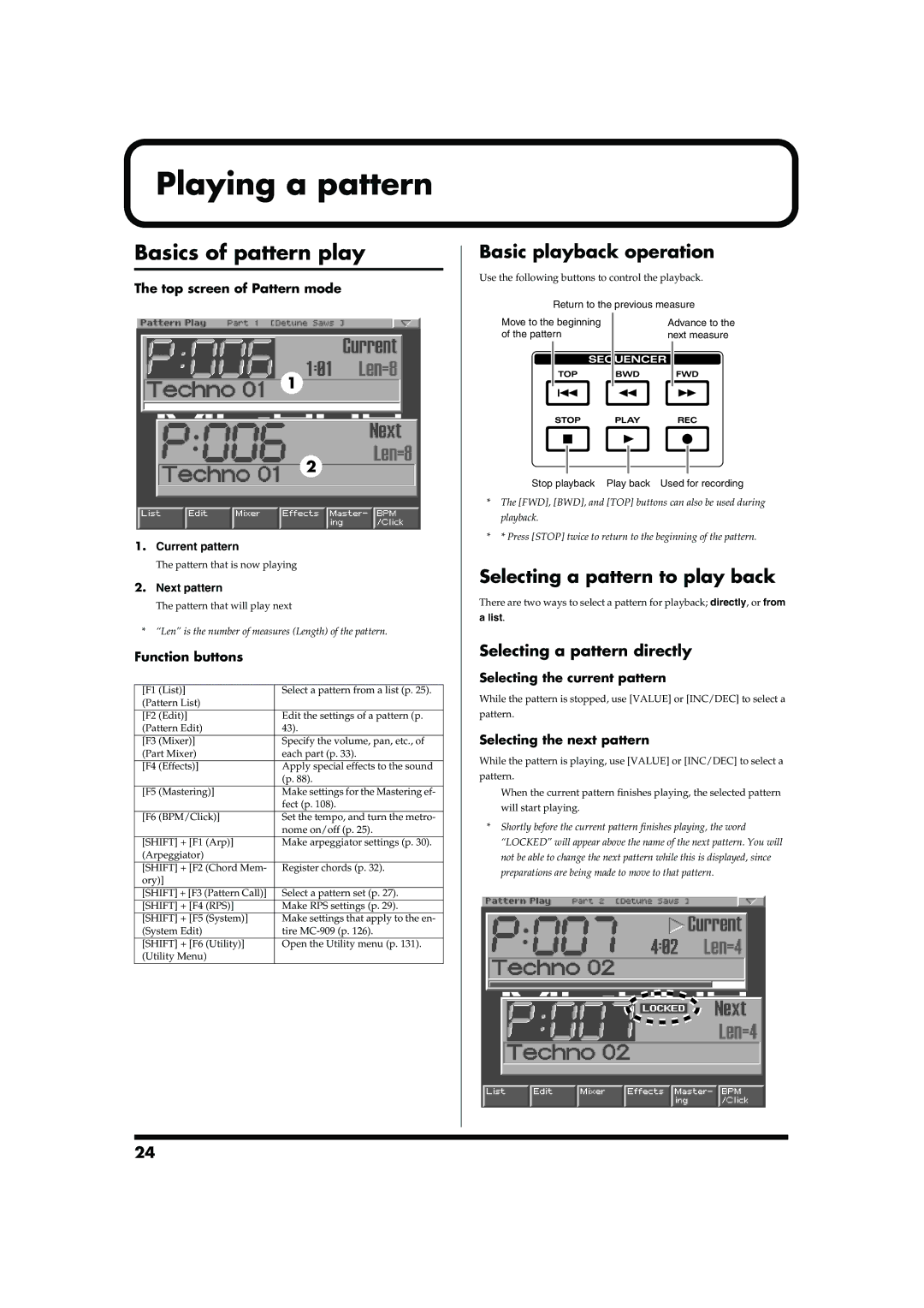 Roland MC-909 Playing a pattern, Basics of pattern play, Basic playback operation, Selecting a pattern to play back 