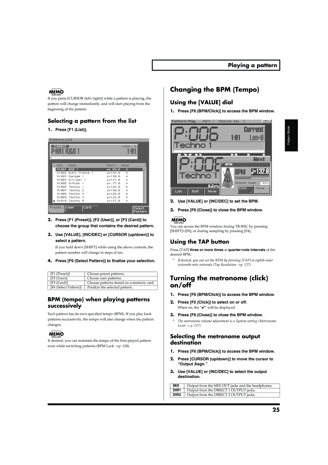 Roland MC-909 owner manual Changing the BPM Tempo, Turning the metronome click on/off 