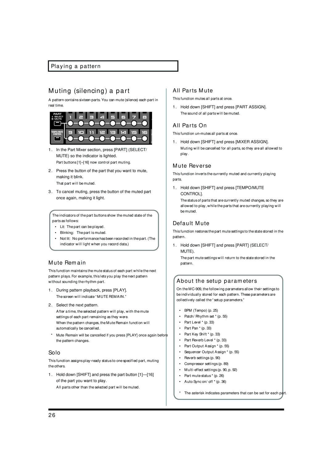 Roland MC-909 owner manual Muting silencing a part 