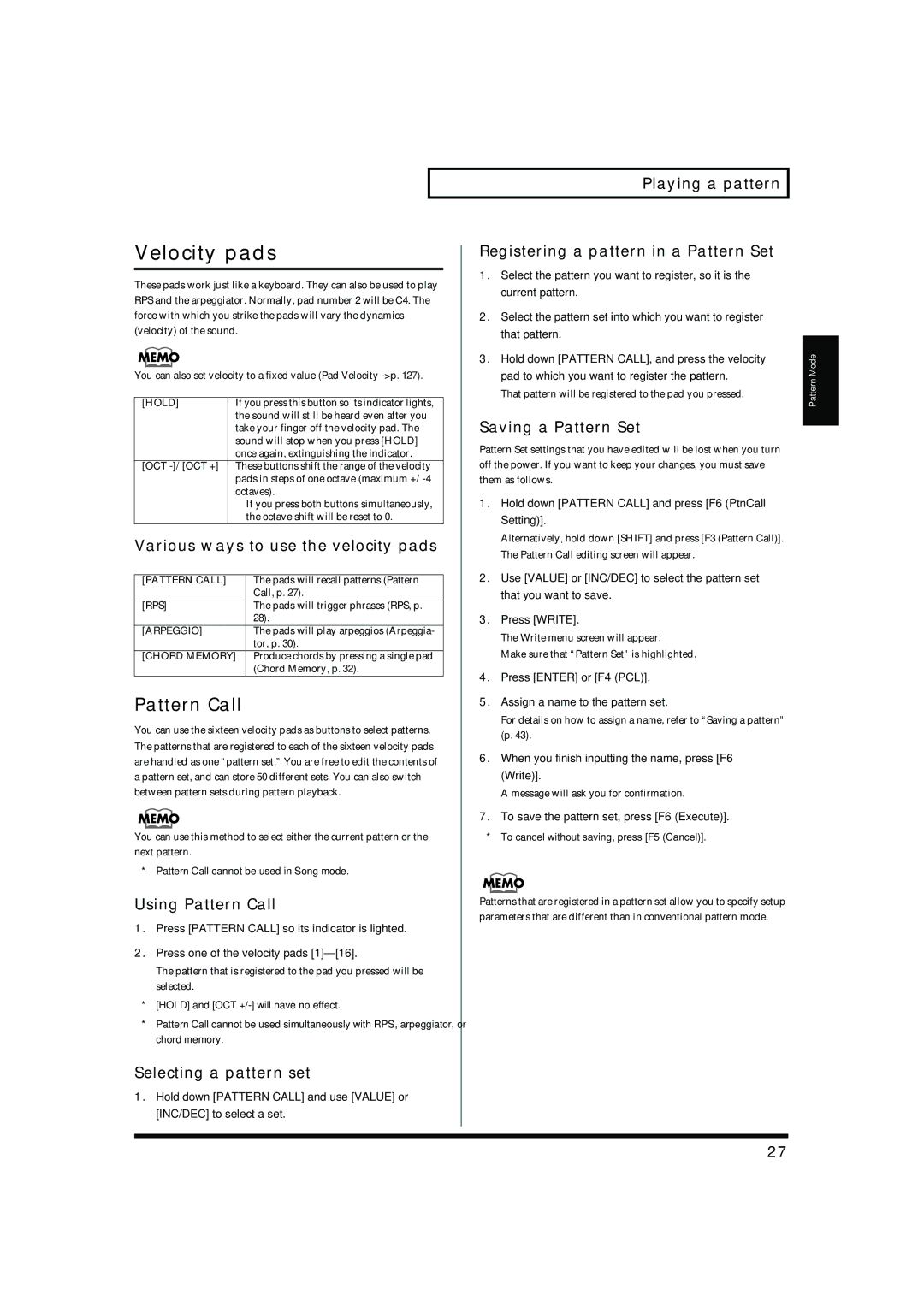 Roland MC-909 owner manual Velocity pads, Pattern Call 