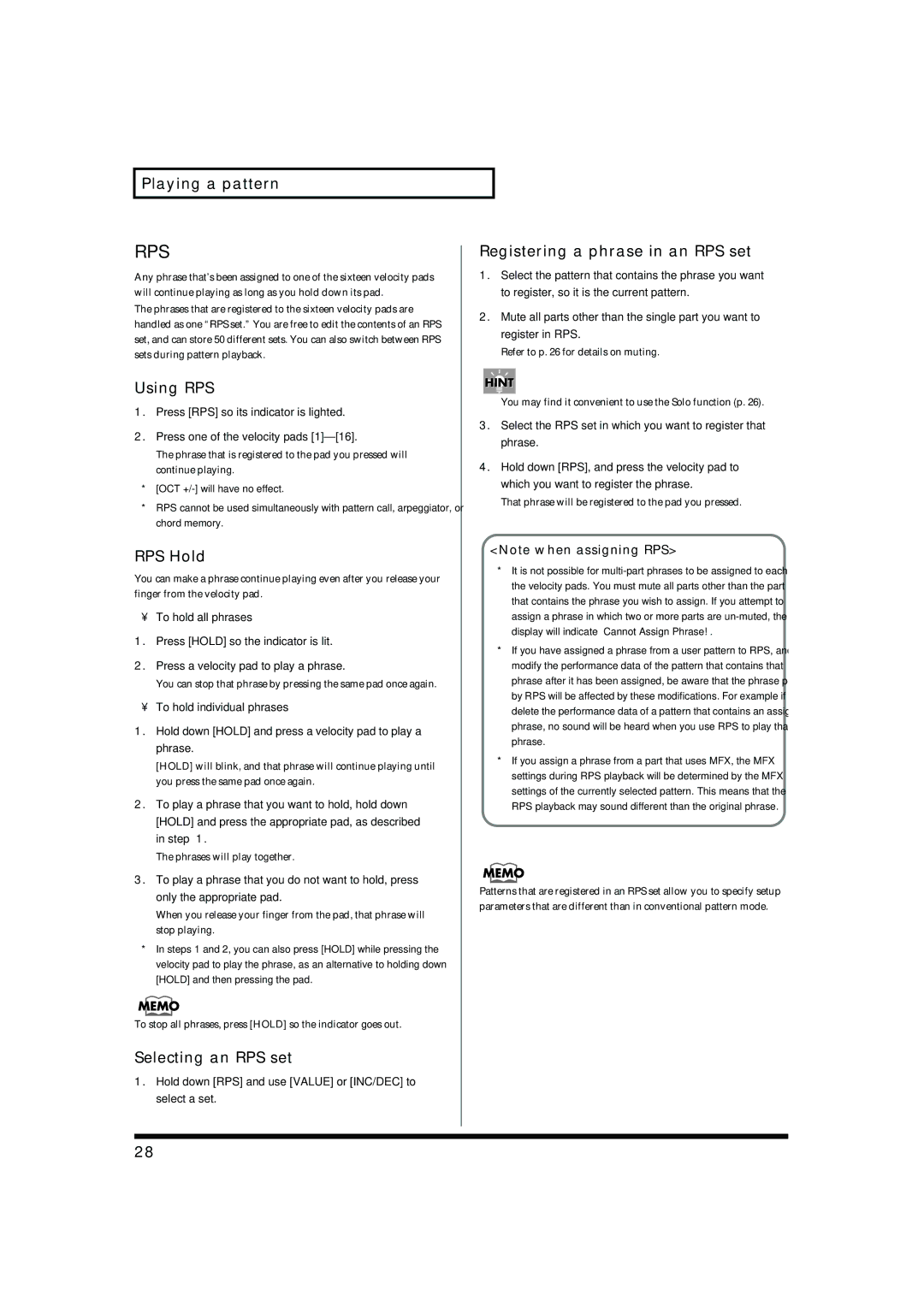 Roland MC-909 owner manual Using RPS, RPS Hold, Selecting an RPS set, Registering a phrase in an RPS set 