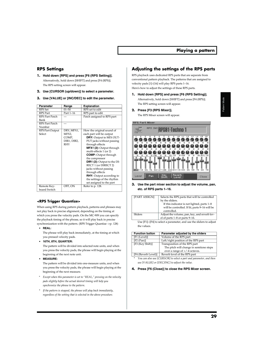 Roland MC-909 owner manual RPS Settings, Playing a pattern Adjusting the settings of the RPS parts, RPS Trigger Quantize 