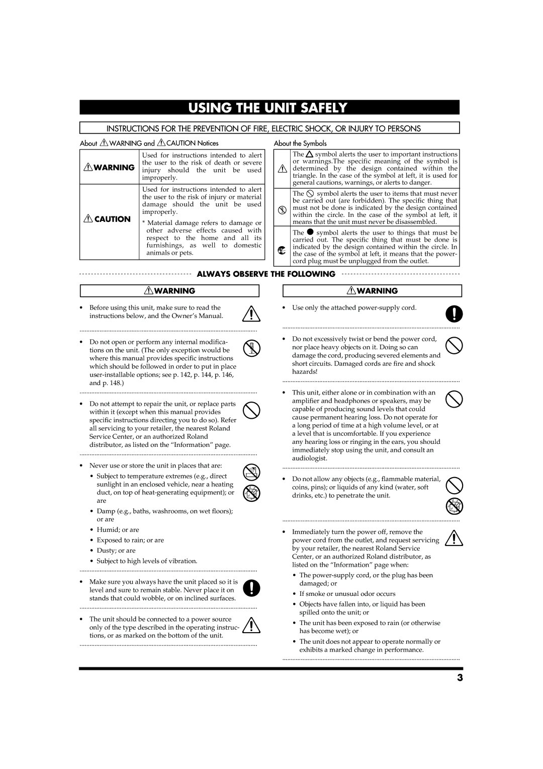 Roland MC-909 owner manual Use only the attached power-supply cord 