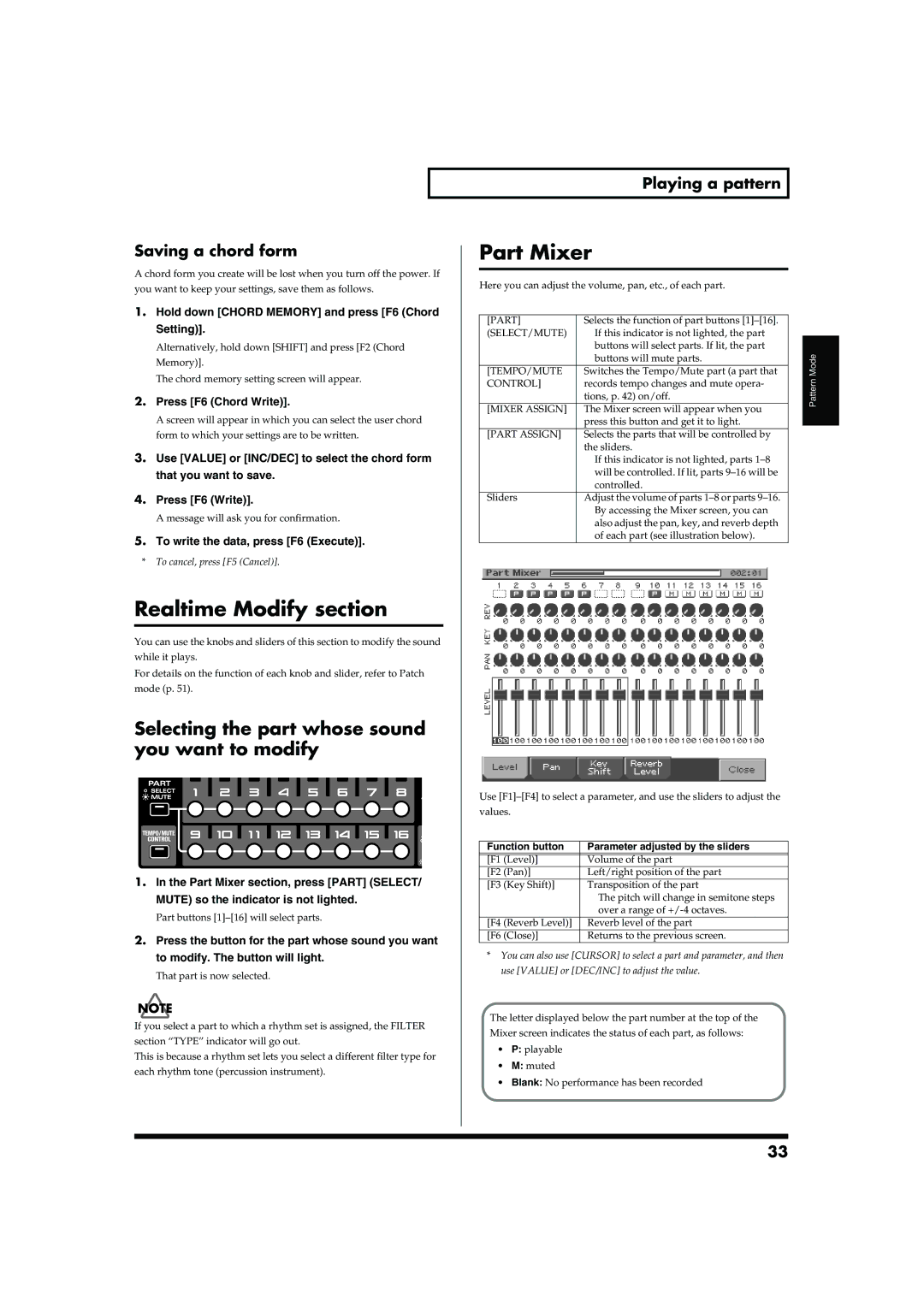 Roland MC-909 Realtime Modify section, Part Mixer, Selecting the part whose sound you want to modify, Saving a chord form 