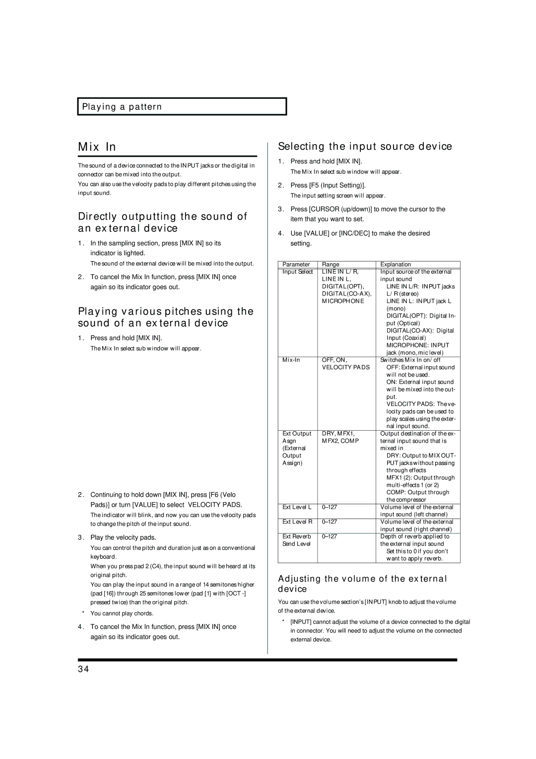 Roland MC-909 owner manual Mix, Directly outputting the sound of an external device, Selecting the input source device 