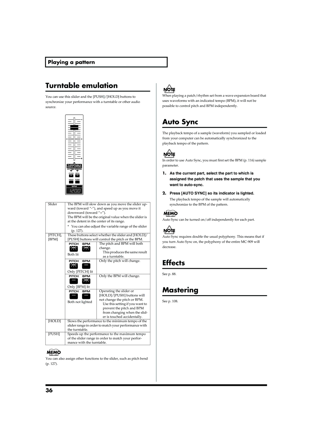 Roland MC-909 owner manual Turntable emulation, Auto Sync, Effects, Mastering 