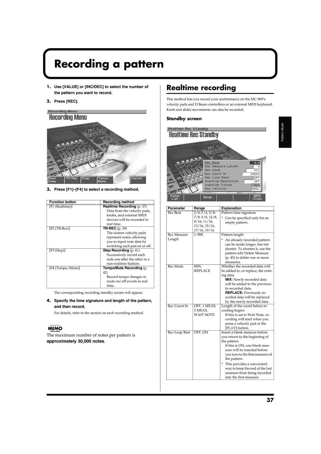 Roland MC-909 owner manual Recording a pattern, Realtime recording, Standby screen 