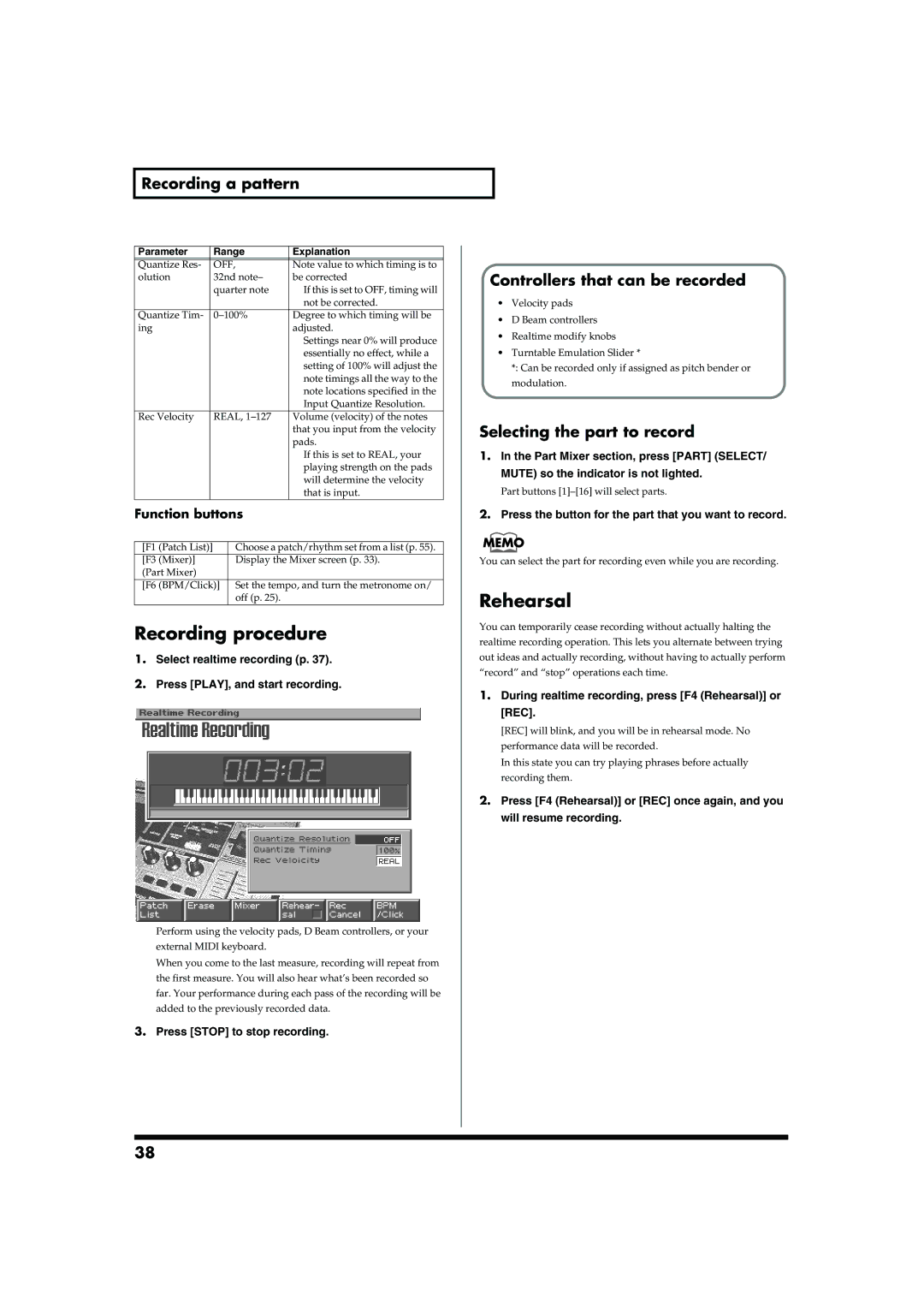 Roland MC-909 owner manual Recording procedure, Rehearsal, Recording a pattern, Controllers that can be recorded 