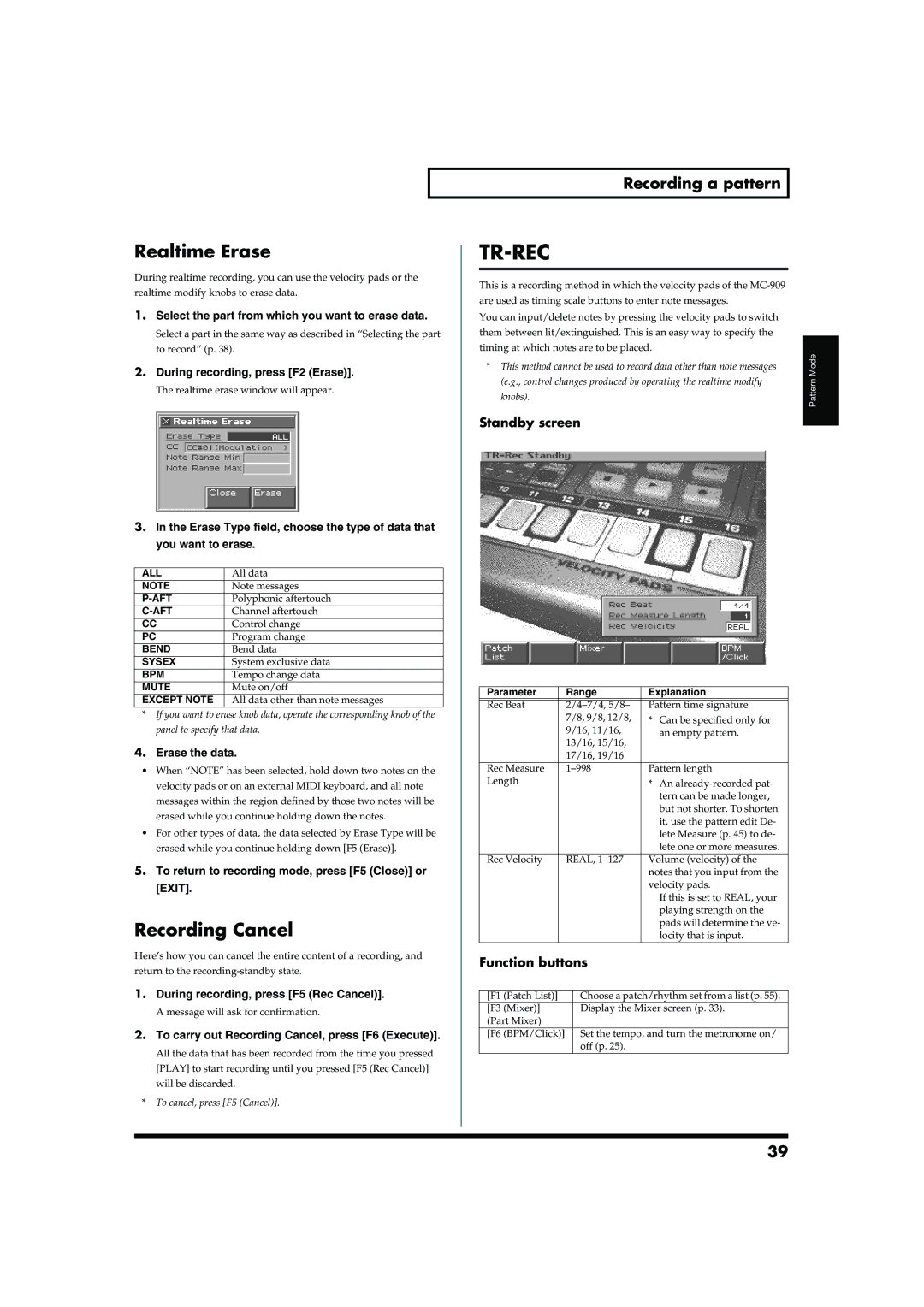 Roland MC-909 owner manual Realtime Erase, Recording Cancel 