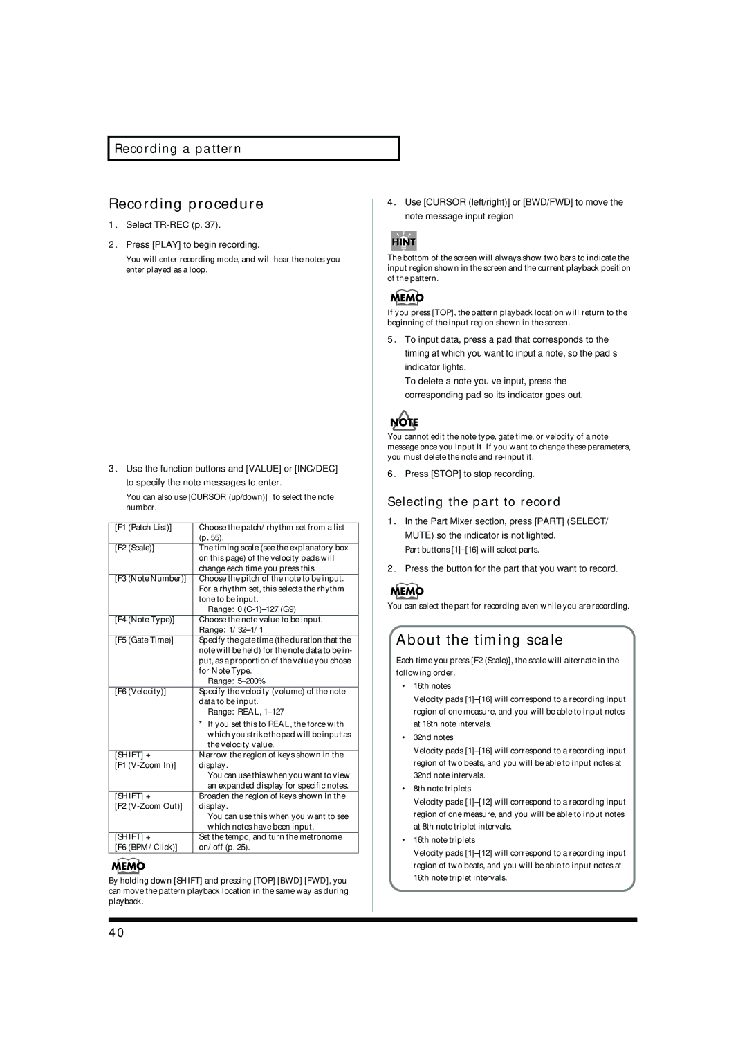 Roland MC-909 owner manual About the timing scale, Select TR-REC p Press Play to begin recording, Range 5-200% 