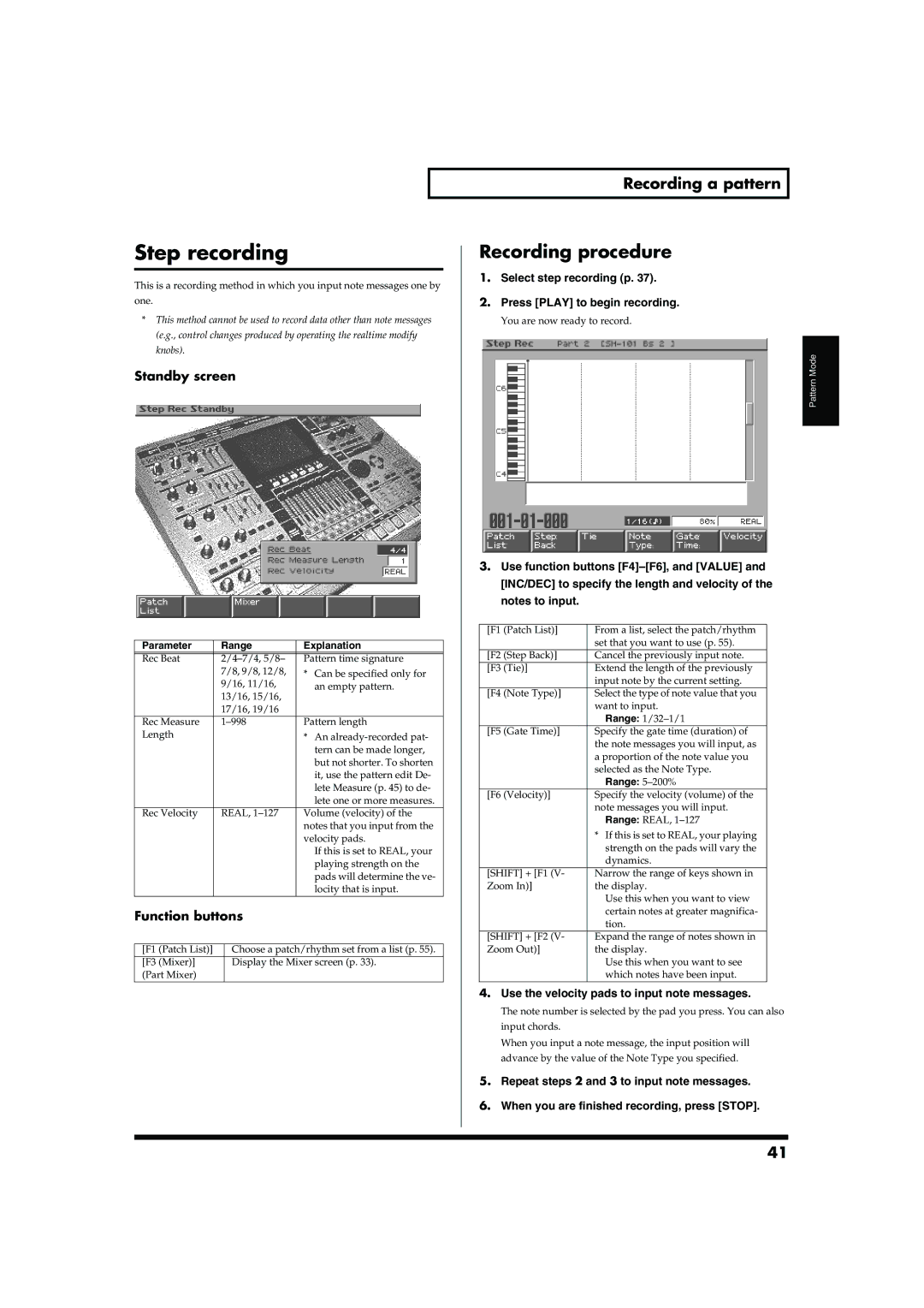 Roland MC-909 owner manual Step recording, Select step recording p Press Play to begin recording 