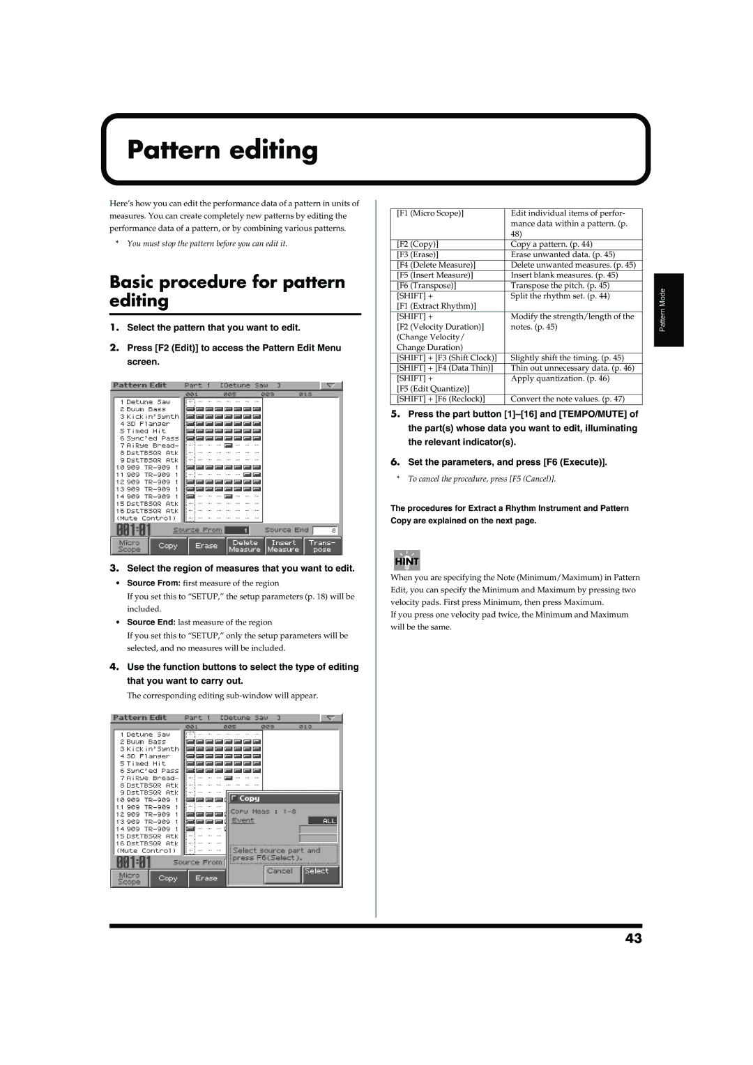 Roland MC-909 owner manual Pattern editing, Basic procedure for pattern editing 