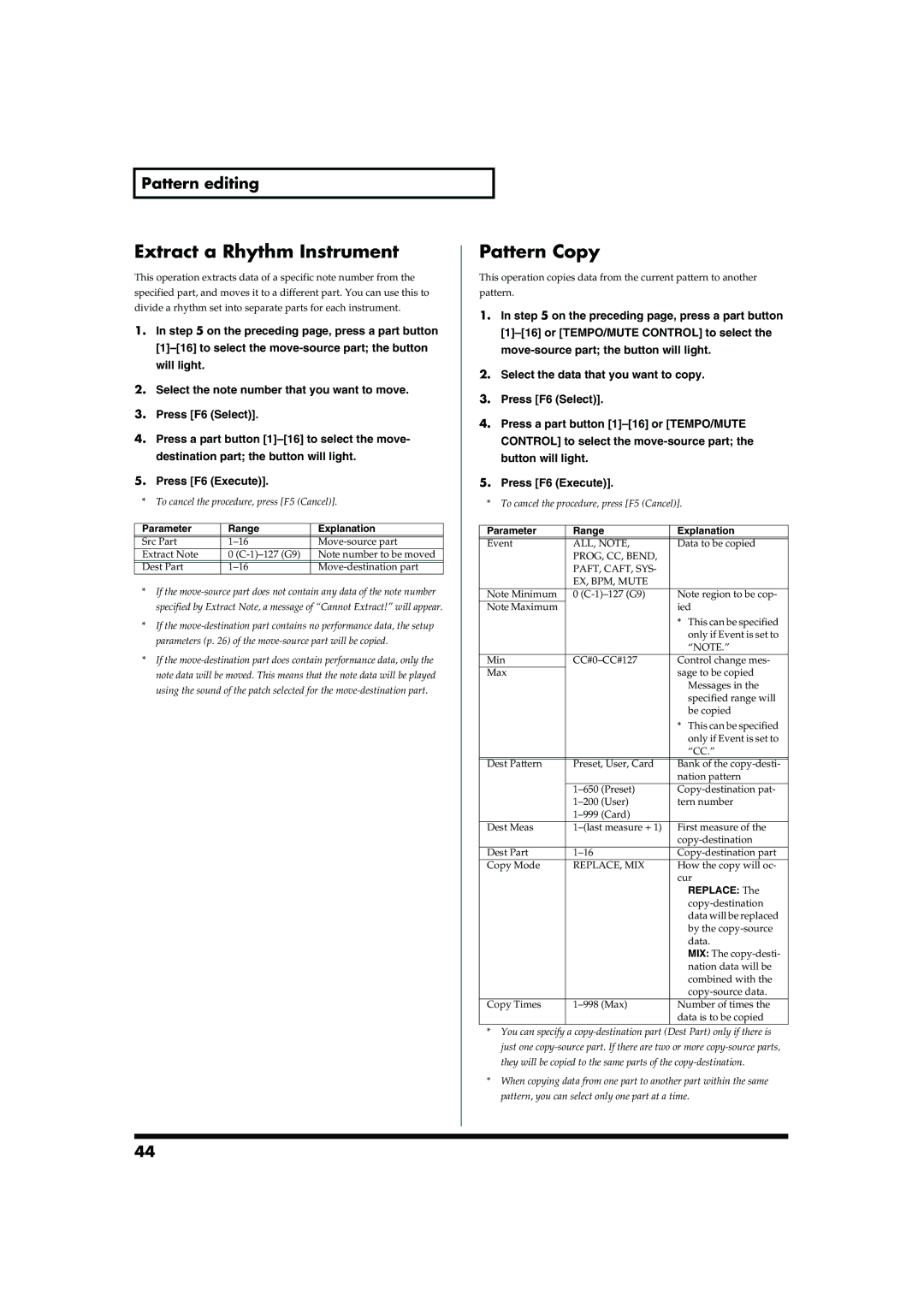 Roland MC-909 owner manual Extract a Rhythm Instrument, Pattern Copy, Pattern editing, Replace 