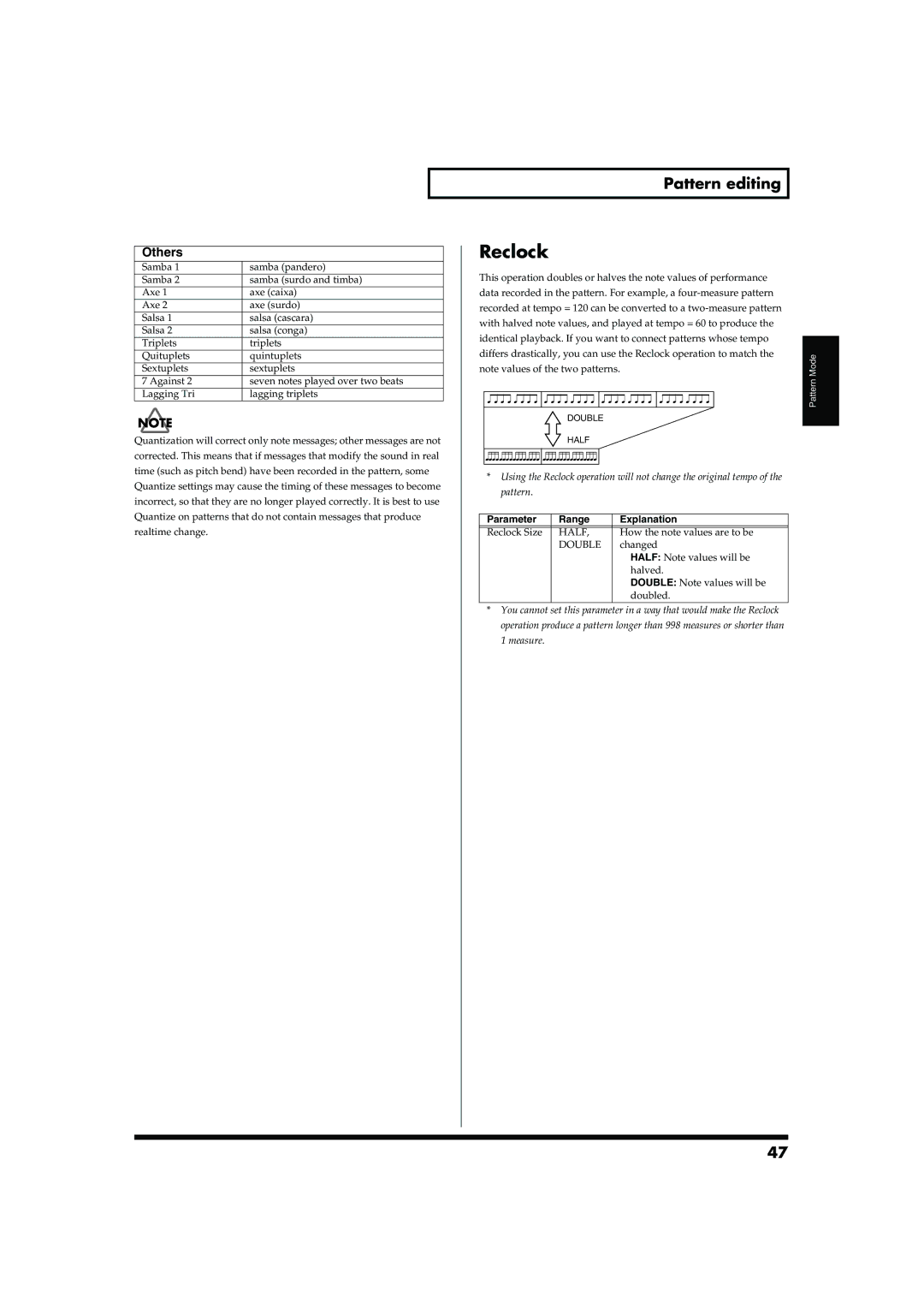 Roland MC-909 owner manual Reclock, Half, Double 