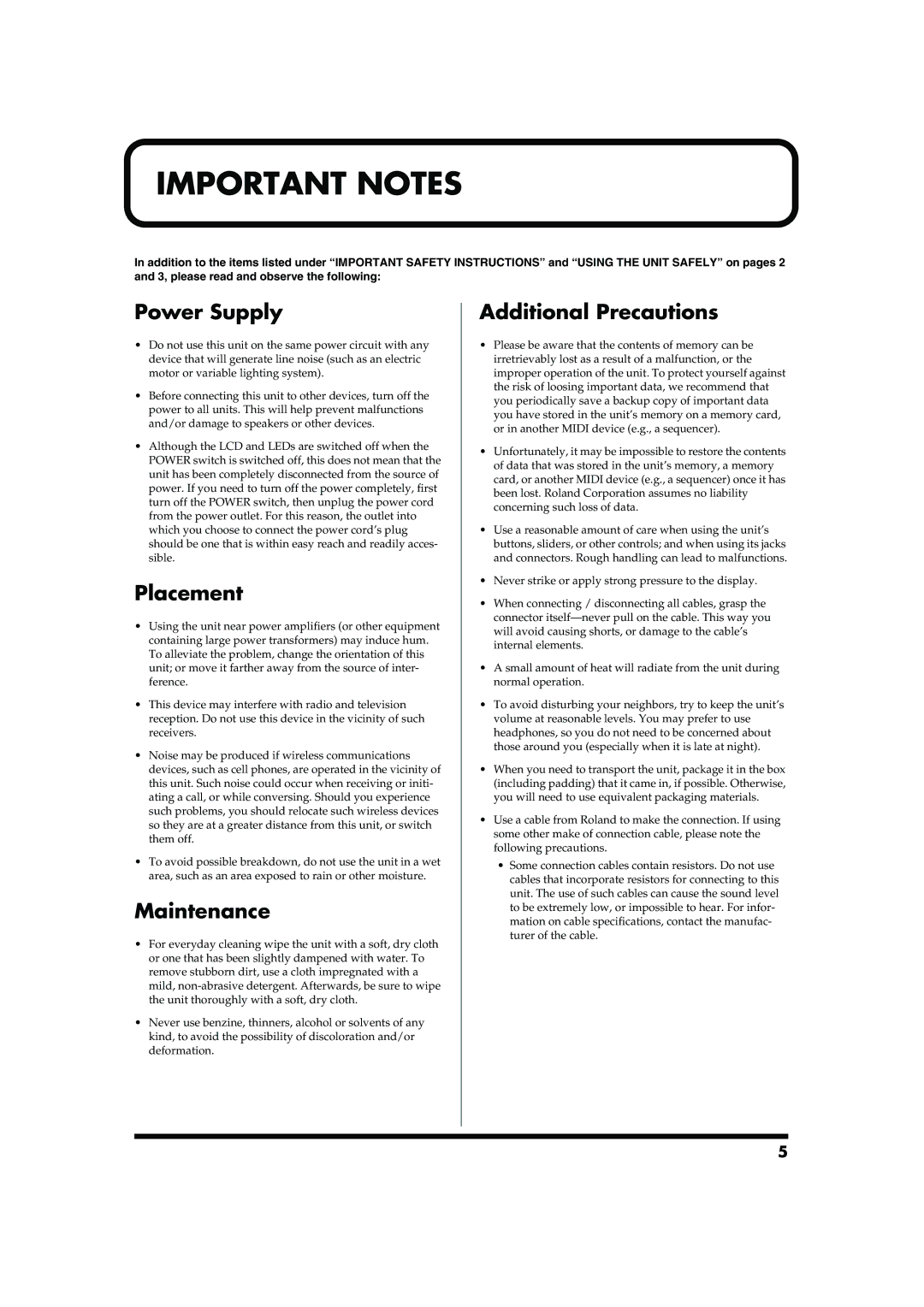 Roland MC-909 owner manual Power Supply, Placement, Maintenance, Additional Precautions 