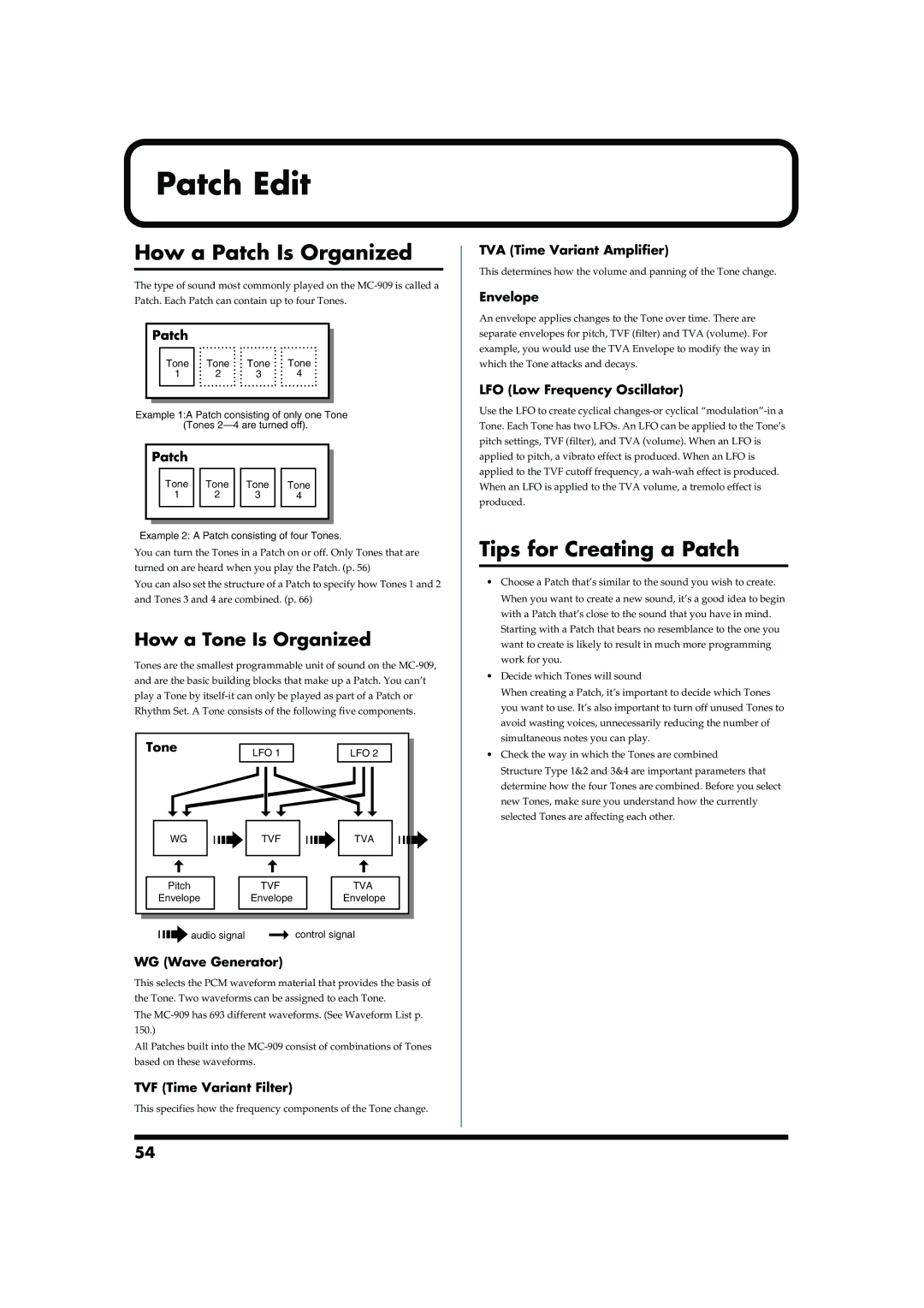 Roland MC-909 owner manual Patch Edit, How a Patch Is Organized, Tips for Creating a Patch, How a Tone Is Organized 