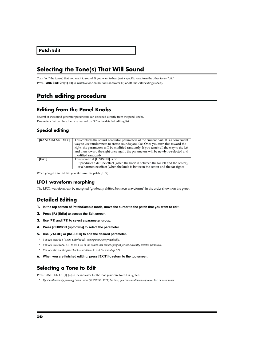 Roland MC-909 Selecting the Tones That Will Sound, Patch editing procedure, Editing from the Panel Knobs, Detailed Editing 
