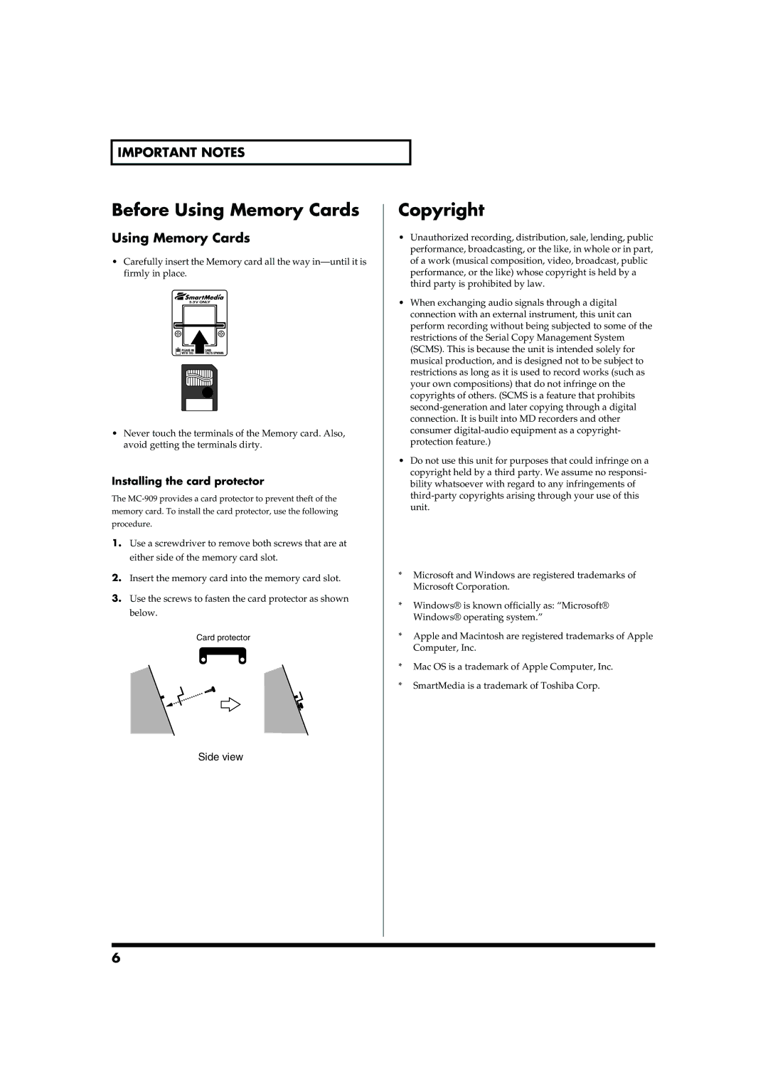 Roland MC-909 owner manual Before Using Memory Cards, Copyright, Important Notes, Installing the card protector 