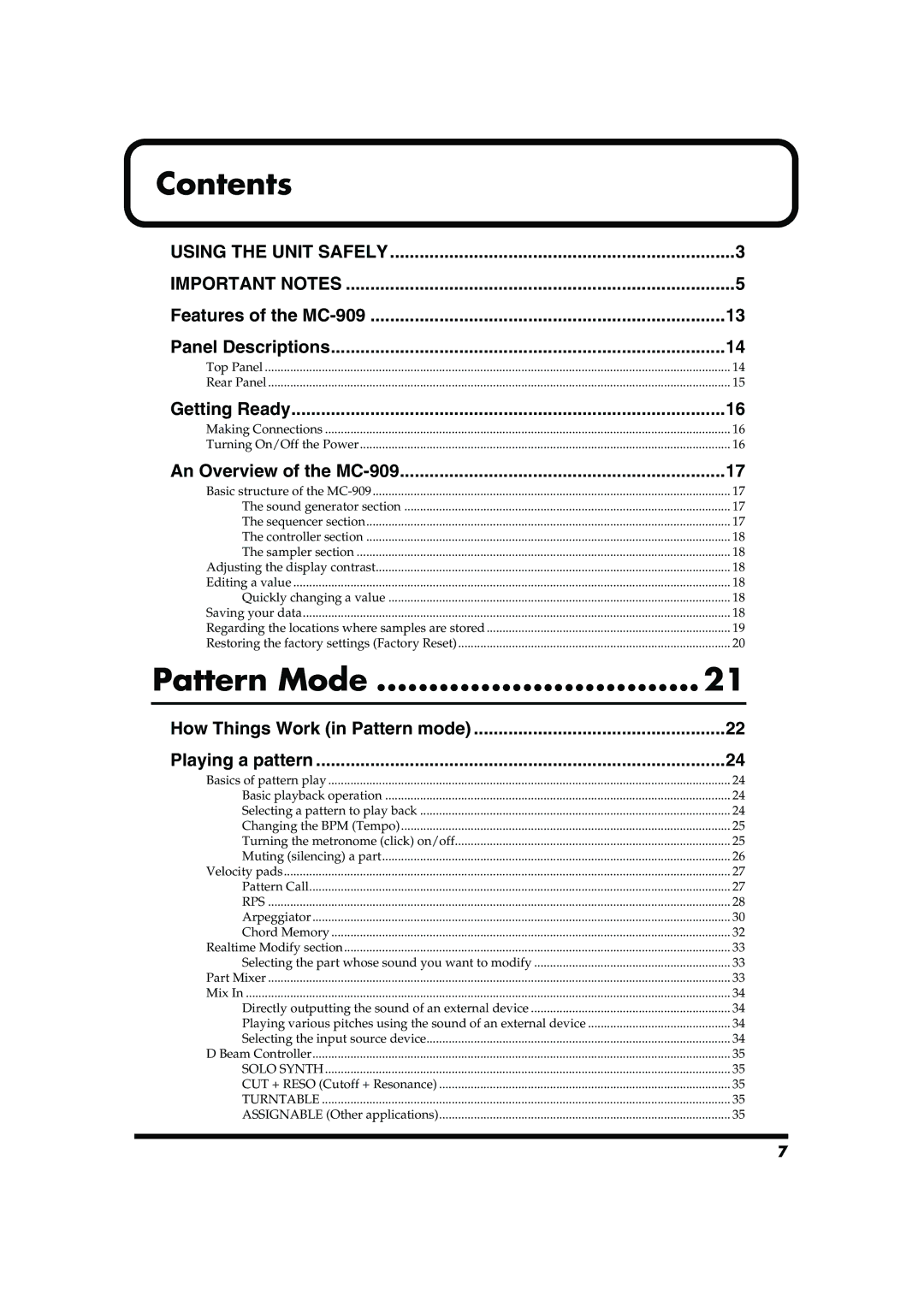 Roland MC-909 owner manual Contents, Pattern Mode 