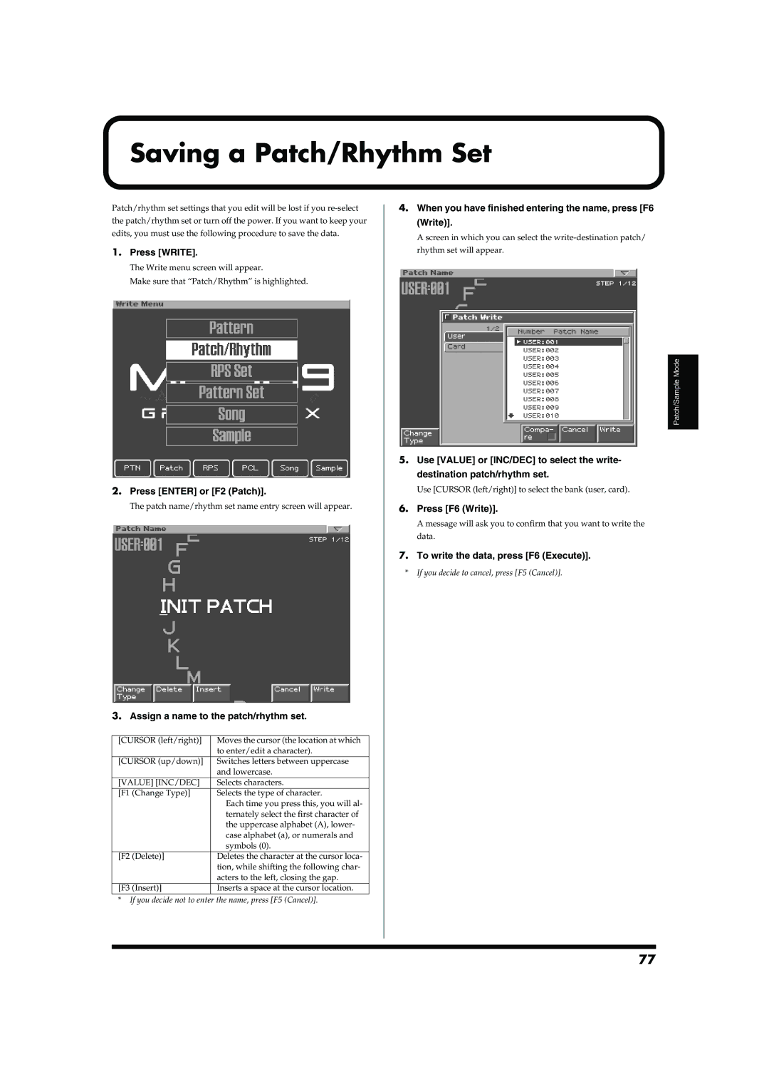 Roland MC-909 owner manual Saving a Patch/Rhythm Set, Press Enter or F2 Patch, Assign a name to the patch/rhythm set 