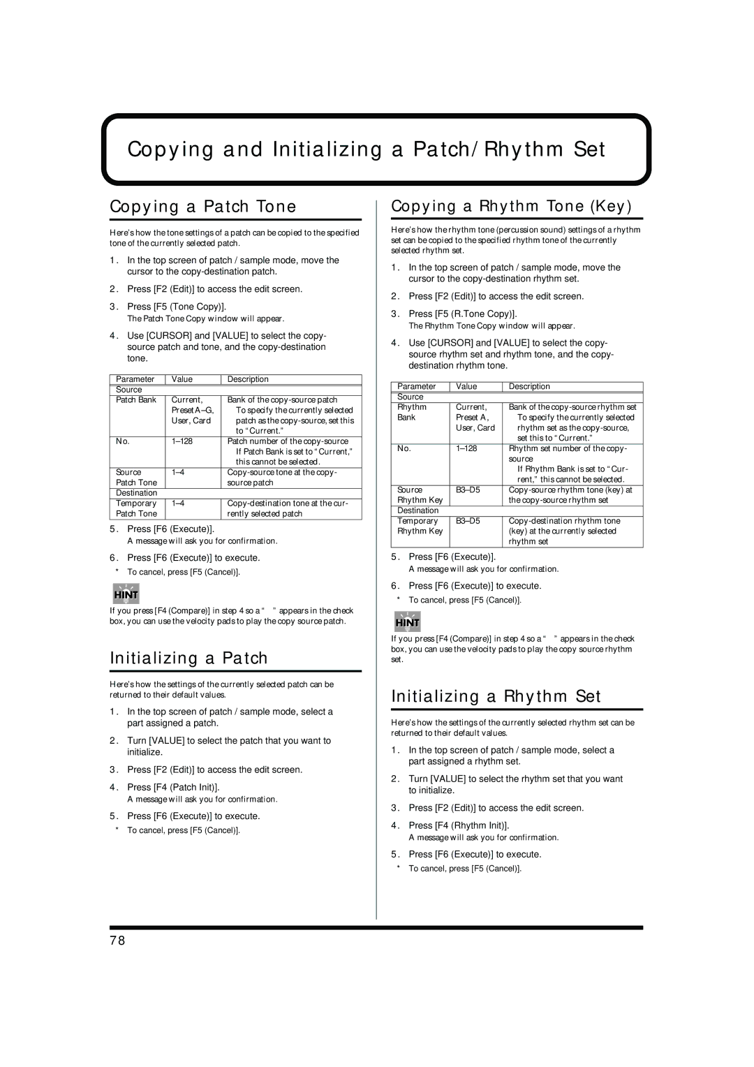 Roland MC-909 Copying a Patch Tone, Initializing a Patch, Initializing a Rhythm Set, Press F6 Execute to execute 