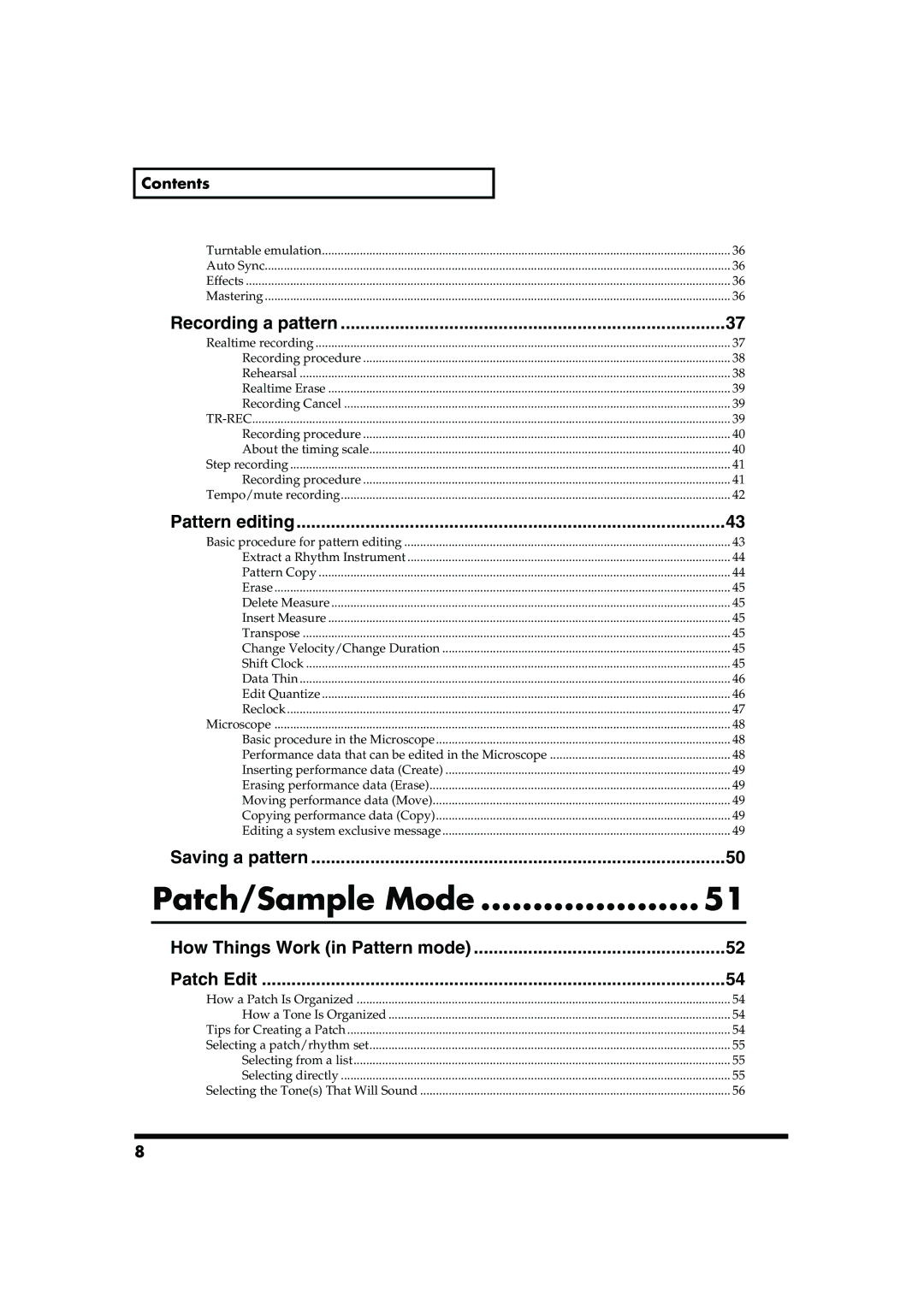 Roland MC-909 owner manual Patch/Sample Mode, Contents 