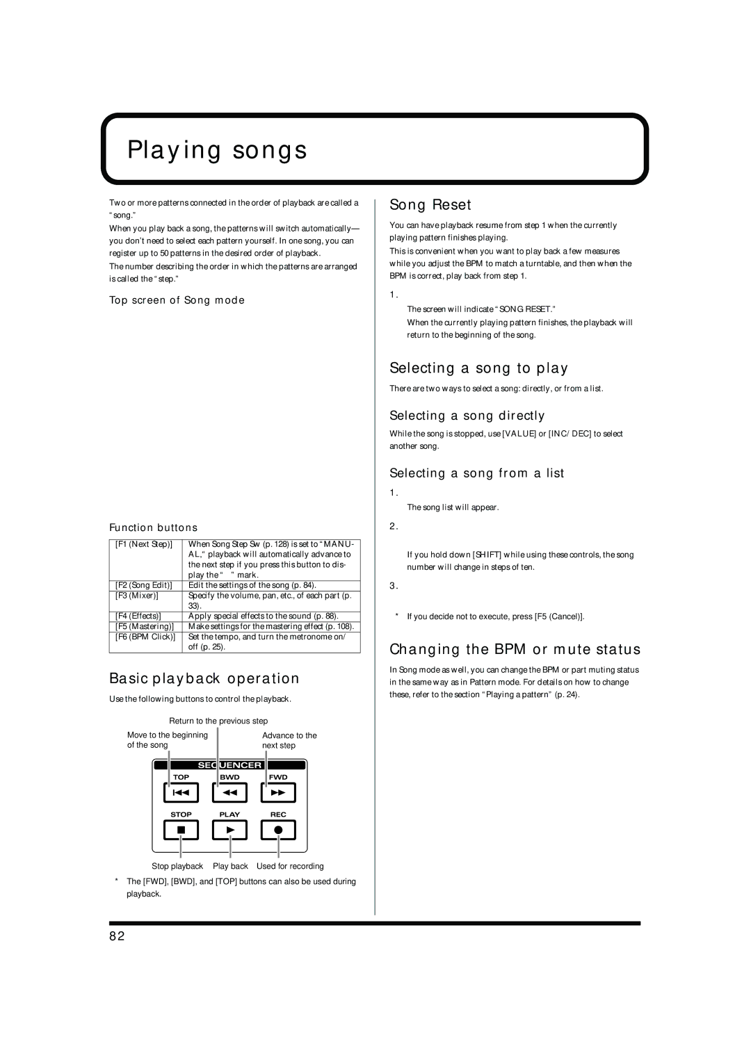 Roland MC-909 owner manual Playing songs, Song Reset, Selecting a song to play, Changing the BPM or mute status 