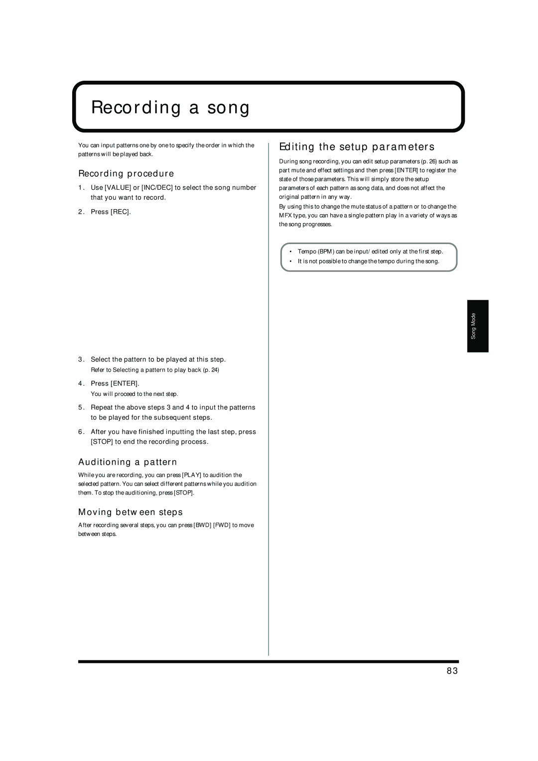 Roland MC-909 owner manual Recording a song, Editing the setup parameters, Recording procedure, Auditioning a pattern 