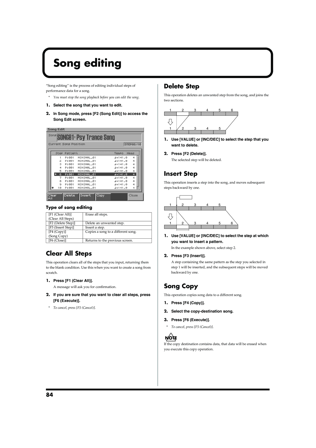 Roland MC-909 owner manual Song editing, Clear All Steps, Delete Step, Insert Step, Song Copy 