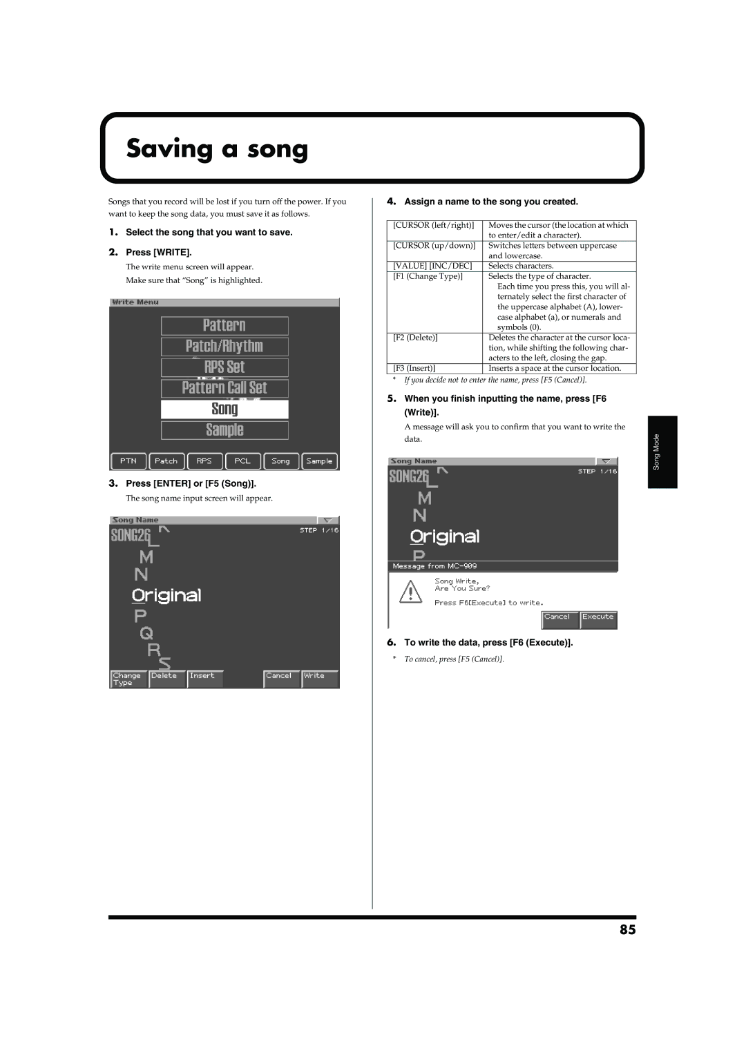 Roland MC-909 owner manual Saving a song, Select the song that you want to save Press Write, Press Enter or F5 Song 