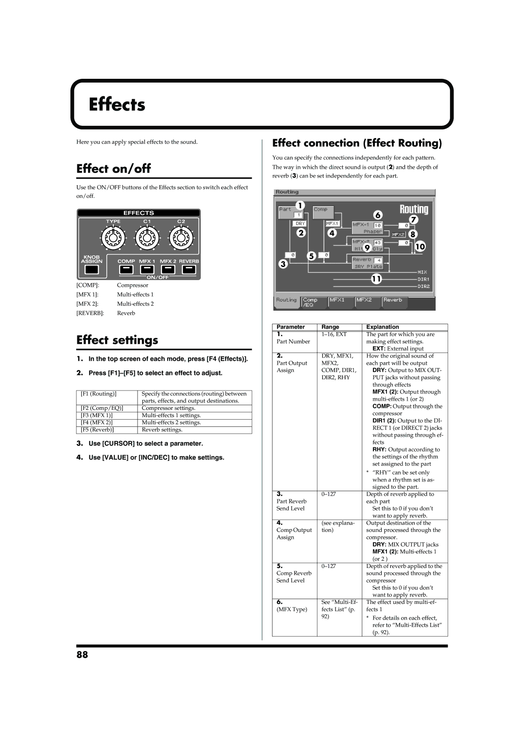 Roland MC-909 owner manual Effect on/off, Effect settings, Effect connection Effect Routing, 910 