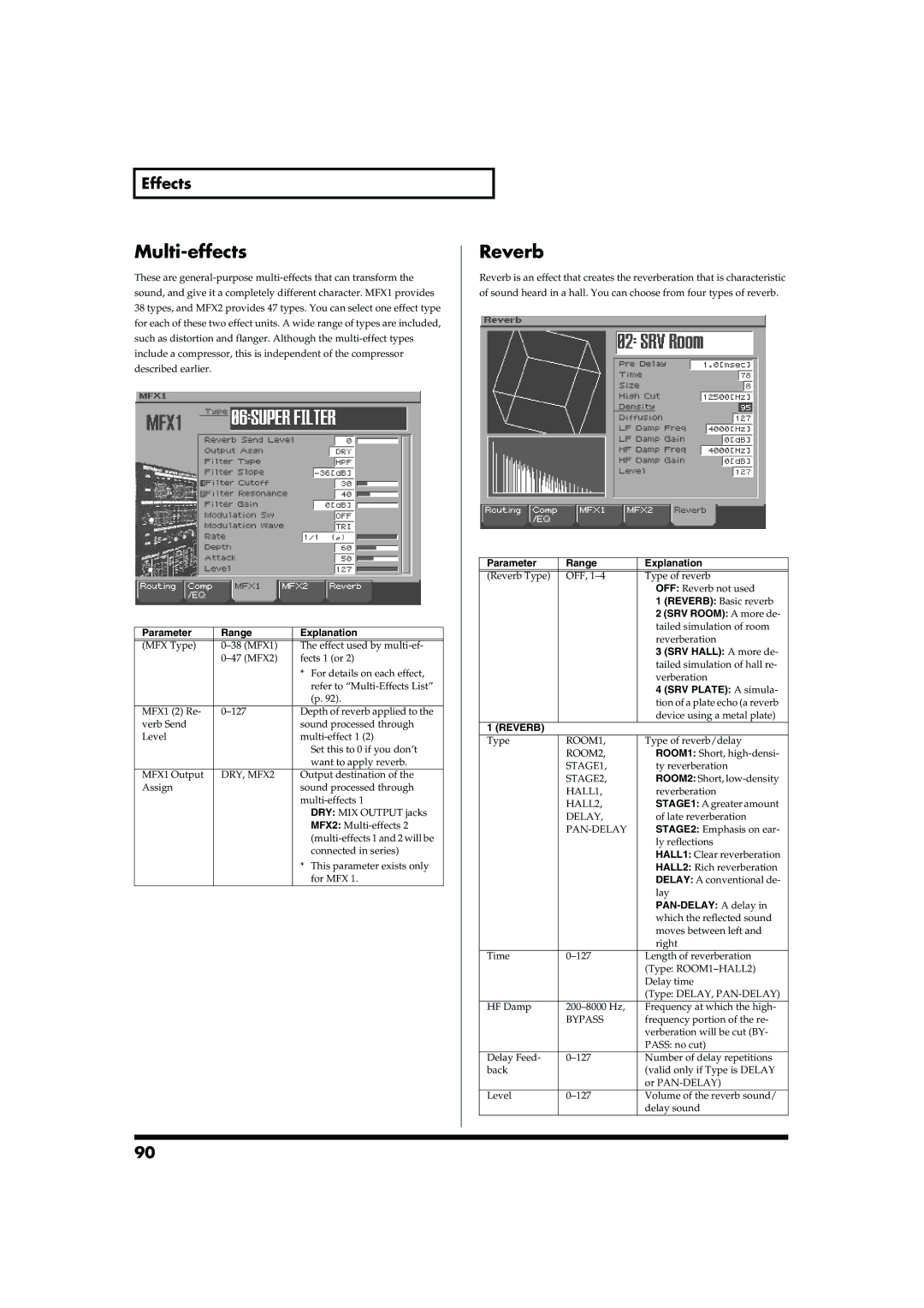 Roland MC-909 owner manual Multi-effects, Reverb 