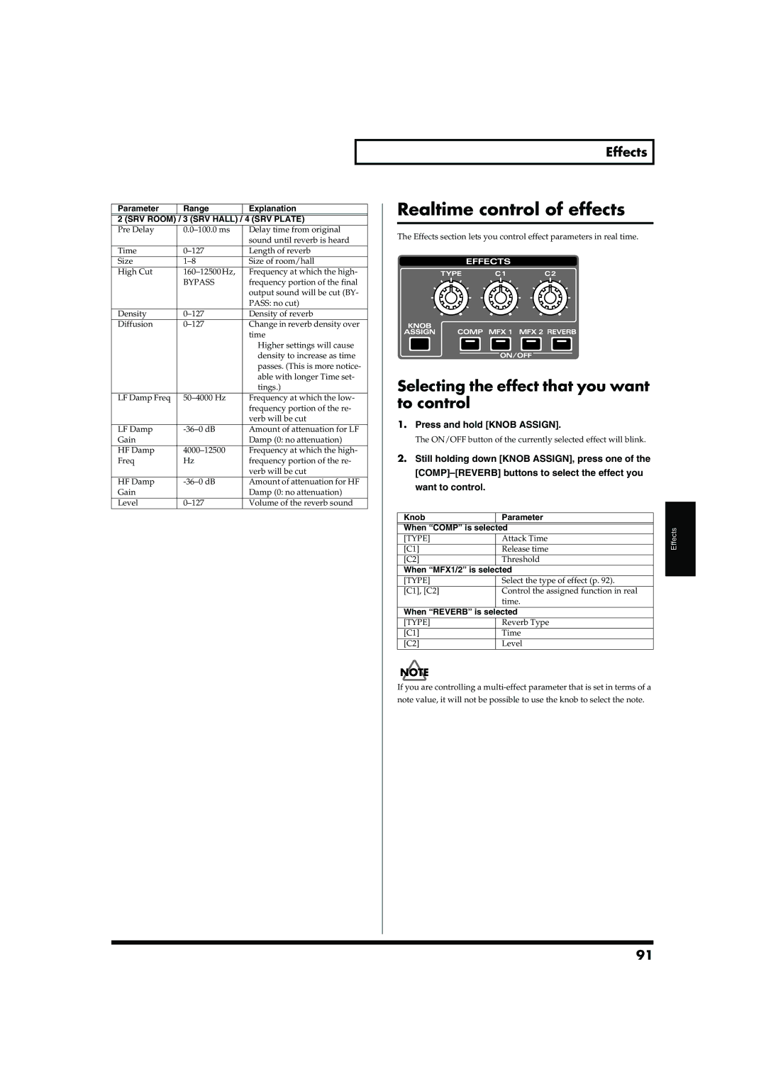 Roland MC-909 Realtime control of effects, Selecting the effect that you want to control, Press and hold Knob Assign 