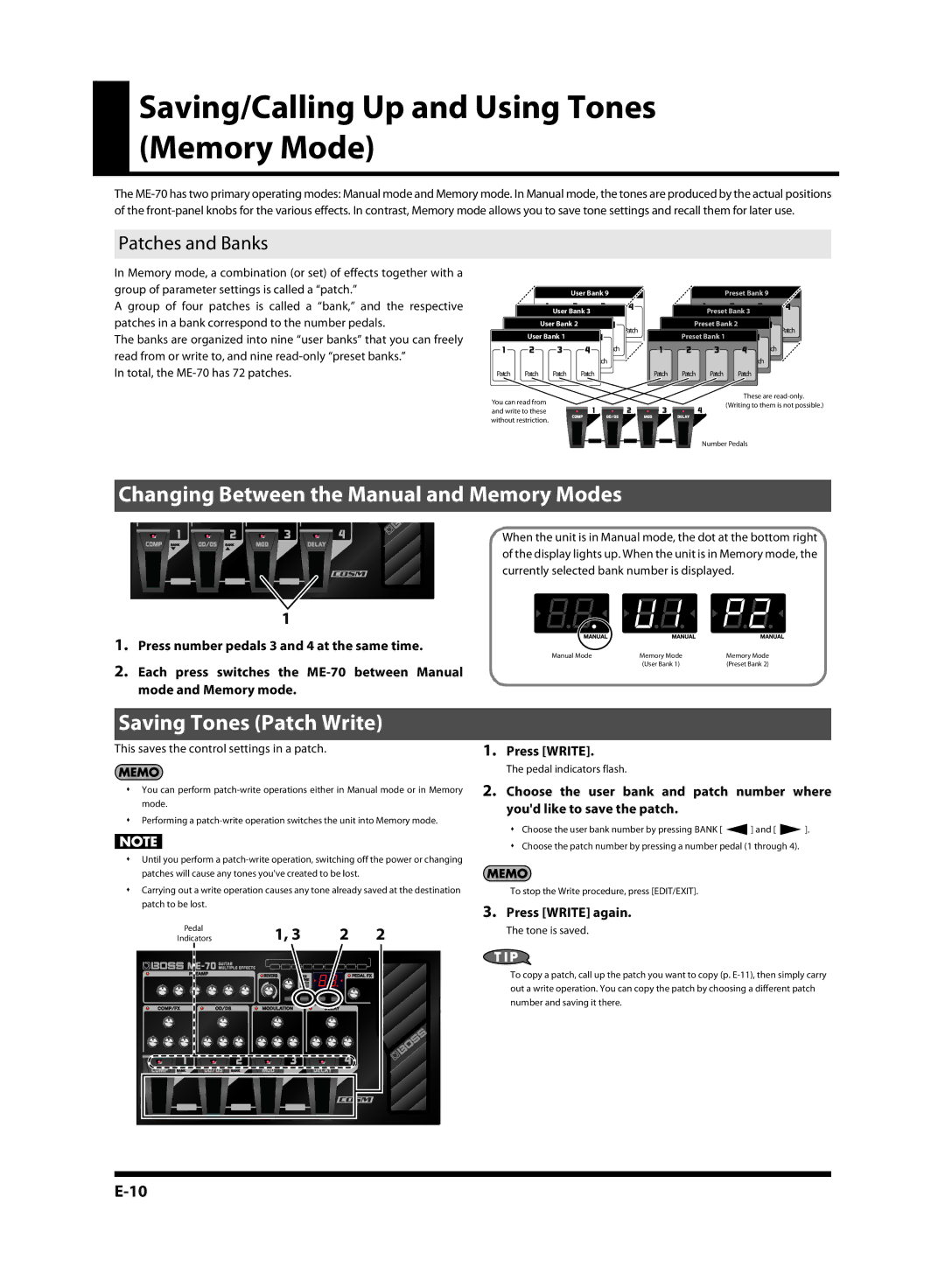 Roland ME-70, G6037008-01 Saving/Calling Up and Using Tones Memory Mode, Changing Between the Manual and Memory Modes 