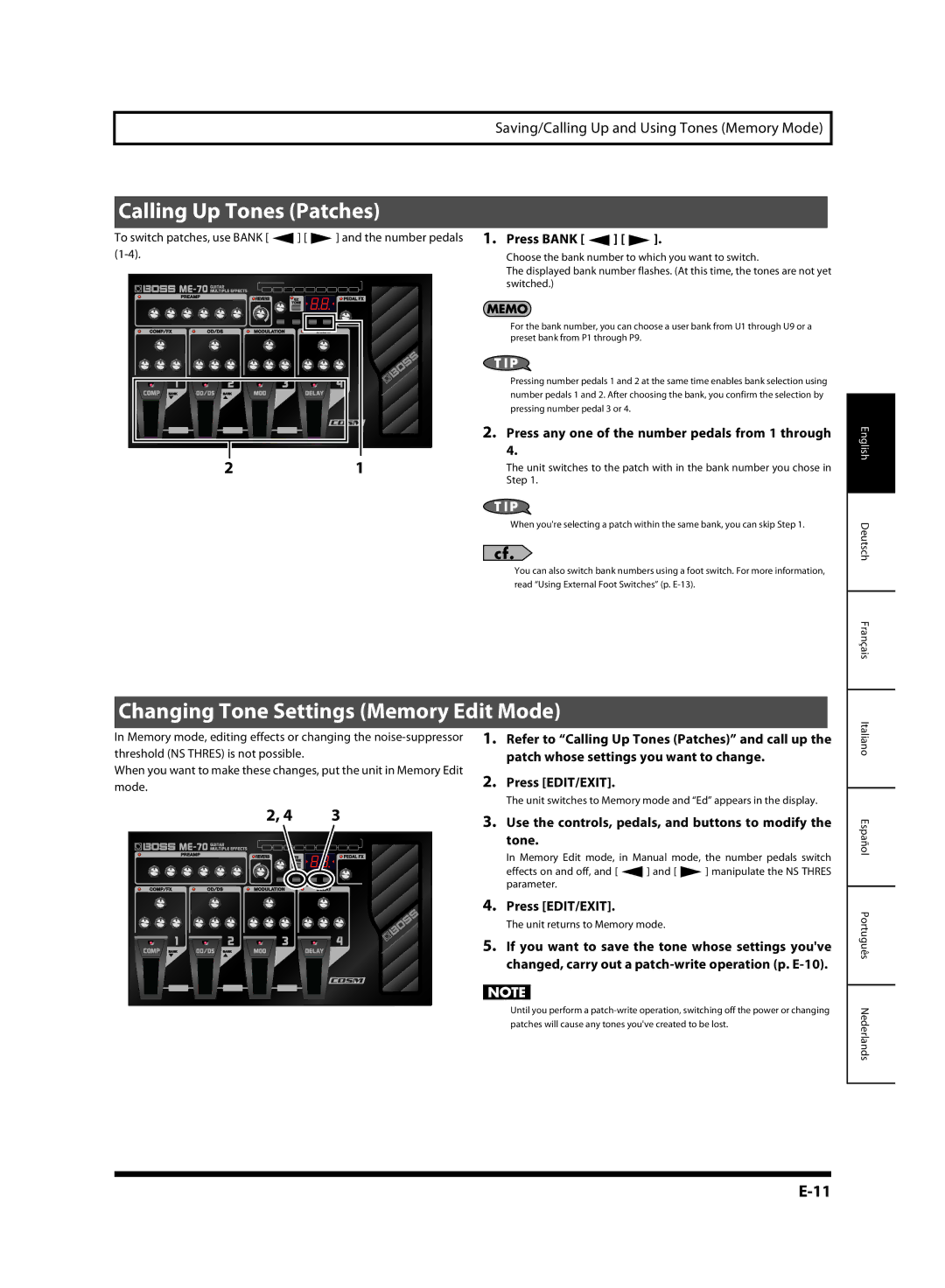 Roland G6037008-01, ME-70 owner manual Calling Up Tones Patches, Changing Tone Settings Memory Edit Mode 