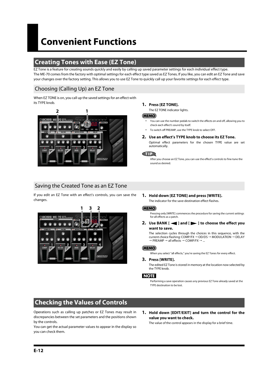 Roland ME-70, G6037008-01 Convenient Functions, Creating Tones with Ease EZ Tone, Checking the Values of Controls 