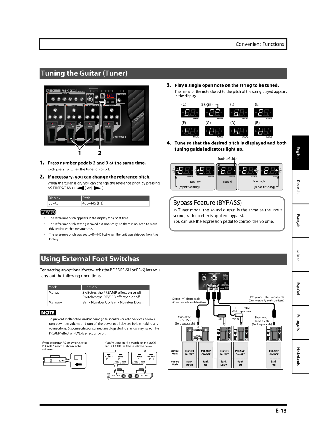 Roland G6037008-01, ME-70 owner manual Tuning the Guitar Tuner, Using External Foot Switches, Bypass Feature Bypass 