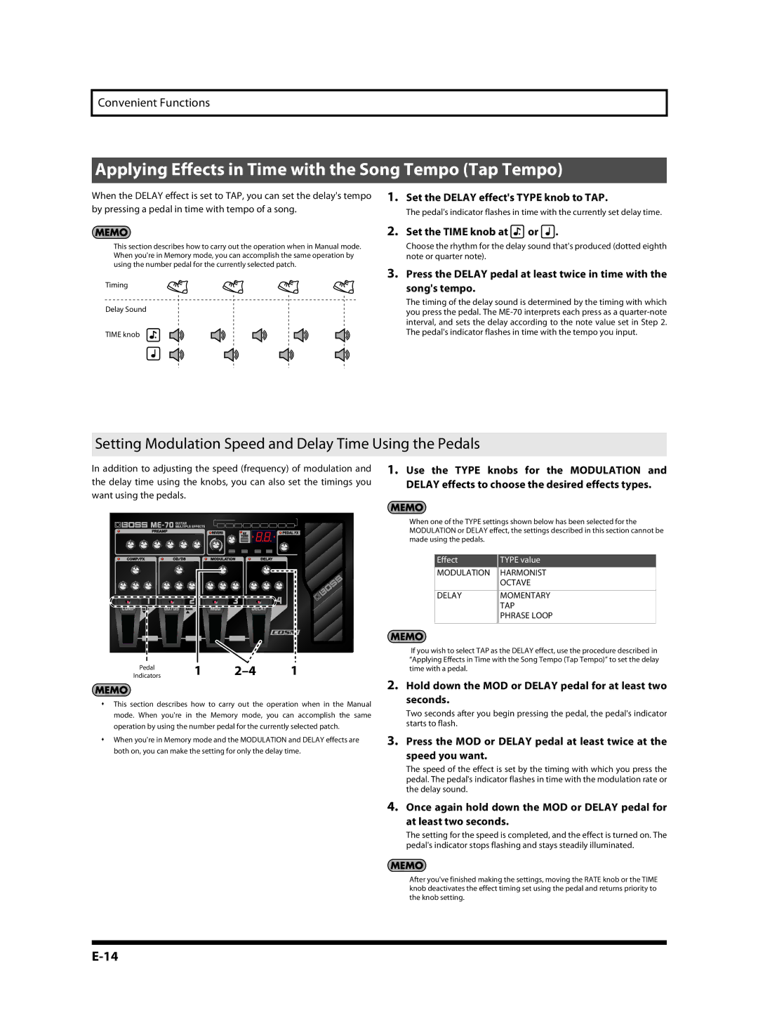 Roland ME-70, G6037008-01 owner manual Applying Effects in Time with the Song Tempo Tap Tempo 