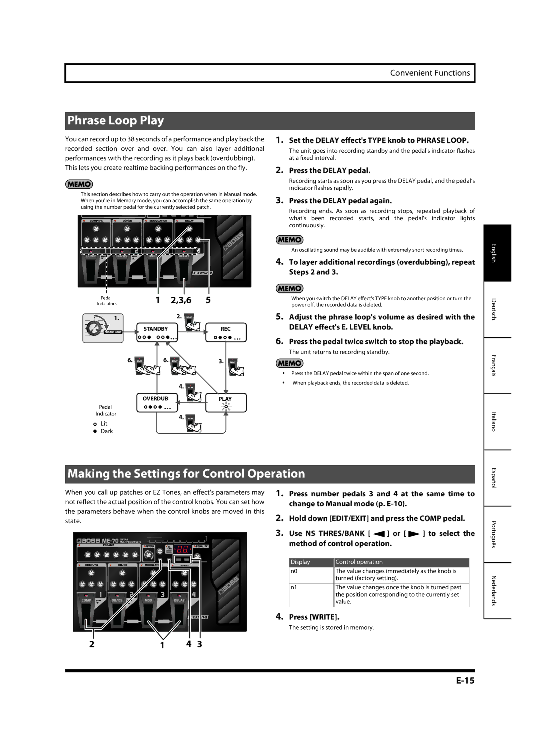 Roland G6037008-01, ME-70 owner manual Phrase Loop Play, Making the Settings for Control Operation, Press the Delay pedal 