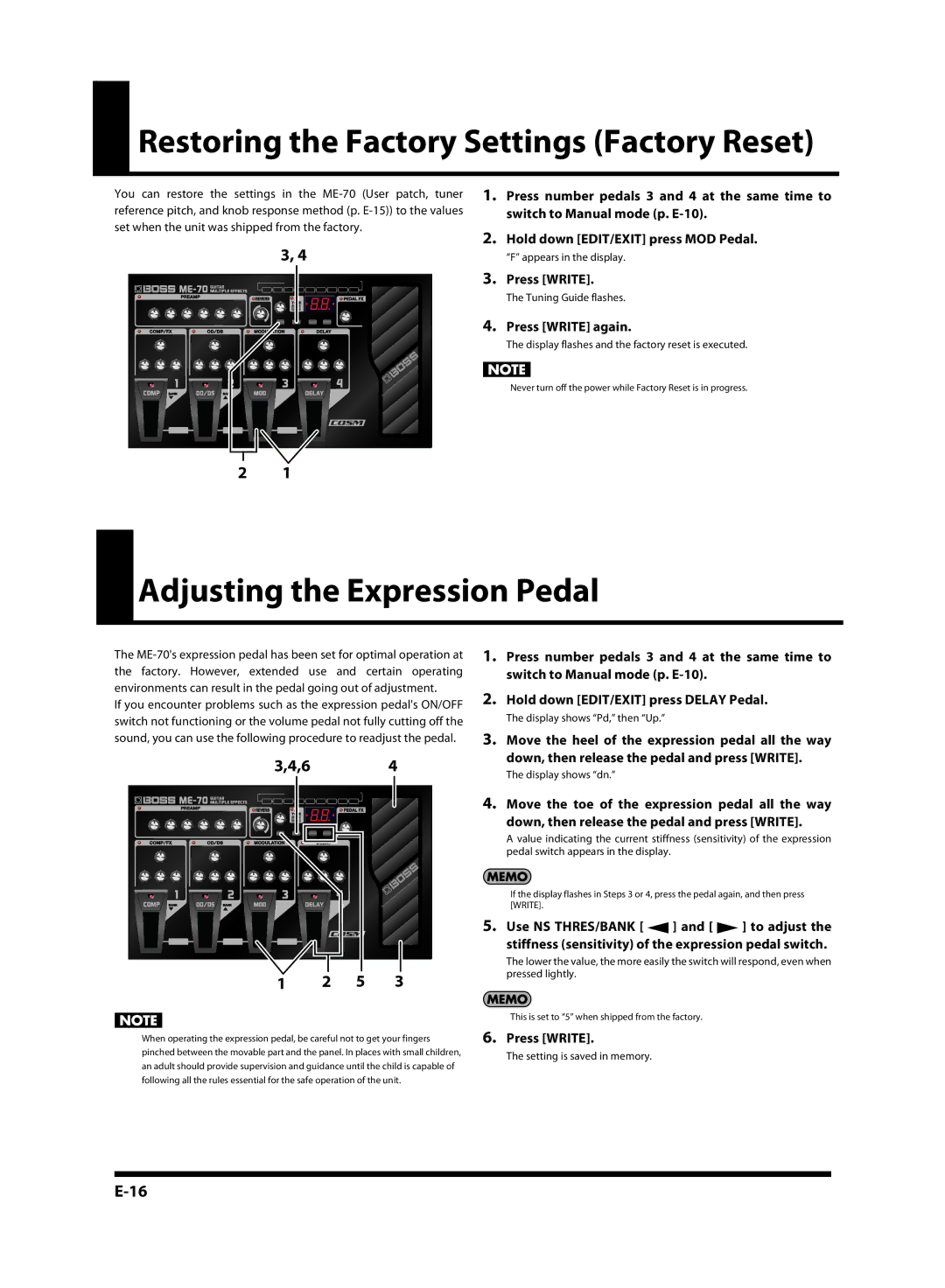 Roland ME-70 Restoring the Factory Settings Factory Reset, Adjusting the Expression Pedal, Switch to Manual mode p. E-10 