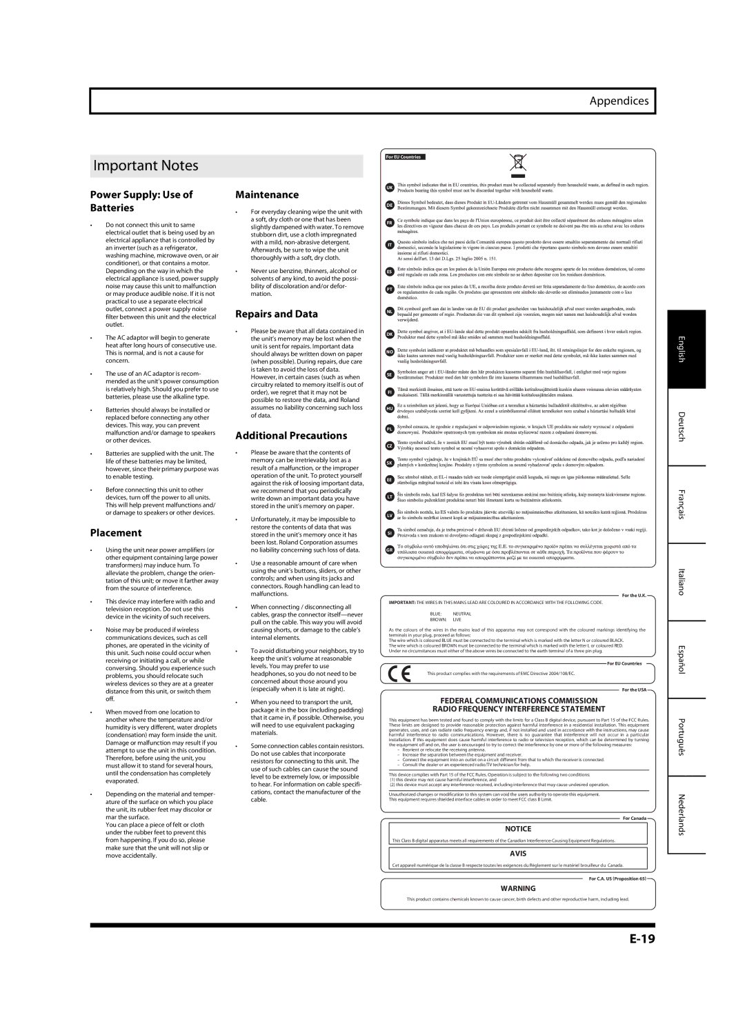 Roland G6037008-01, ME-70 owner manual Important Notes 