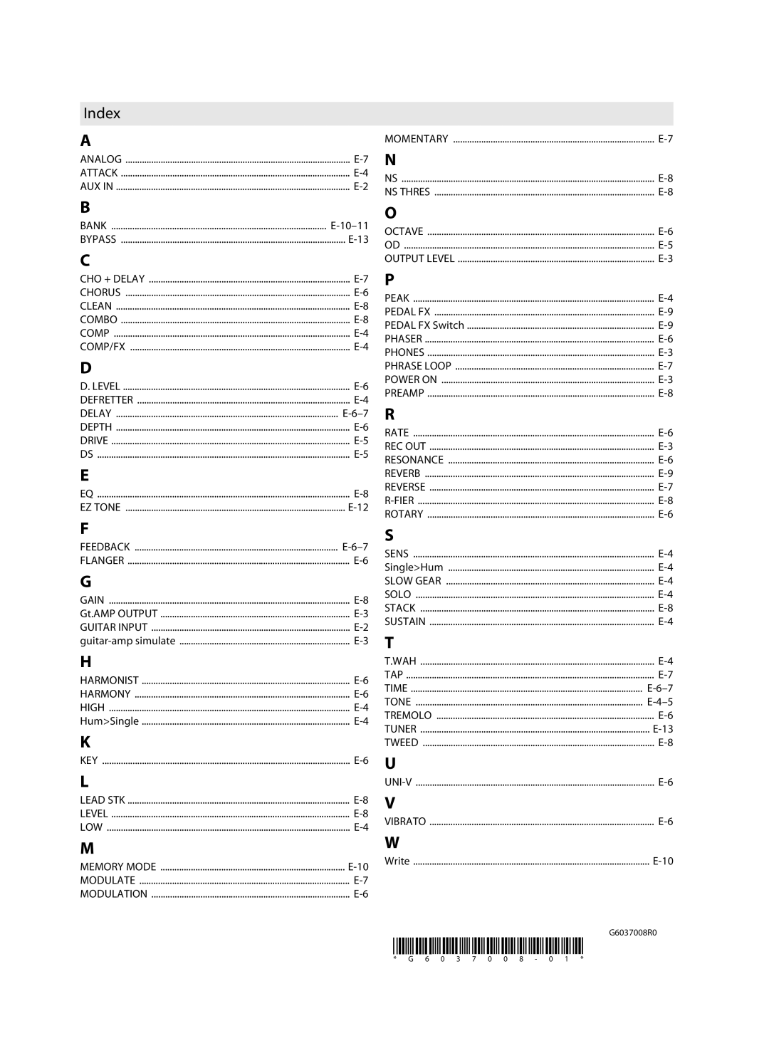 Roland ME-70, G6037008-01 owner manual Index, 10-11, Guitar-amp simulate, SingleHum, G6037008R0 