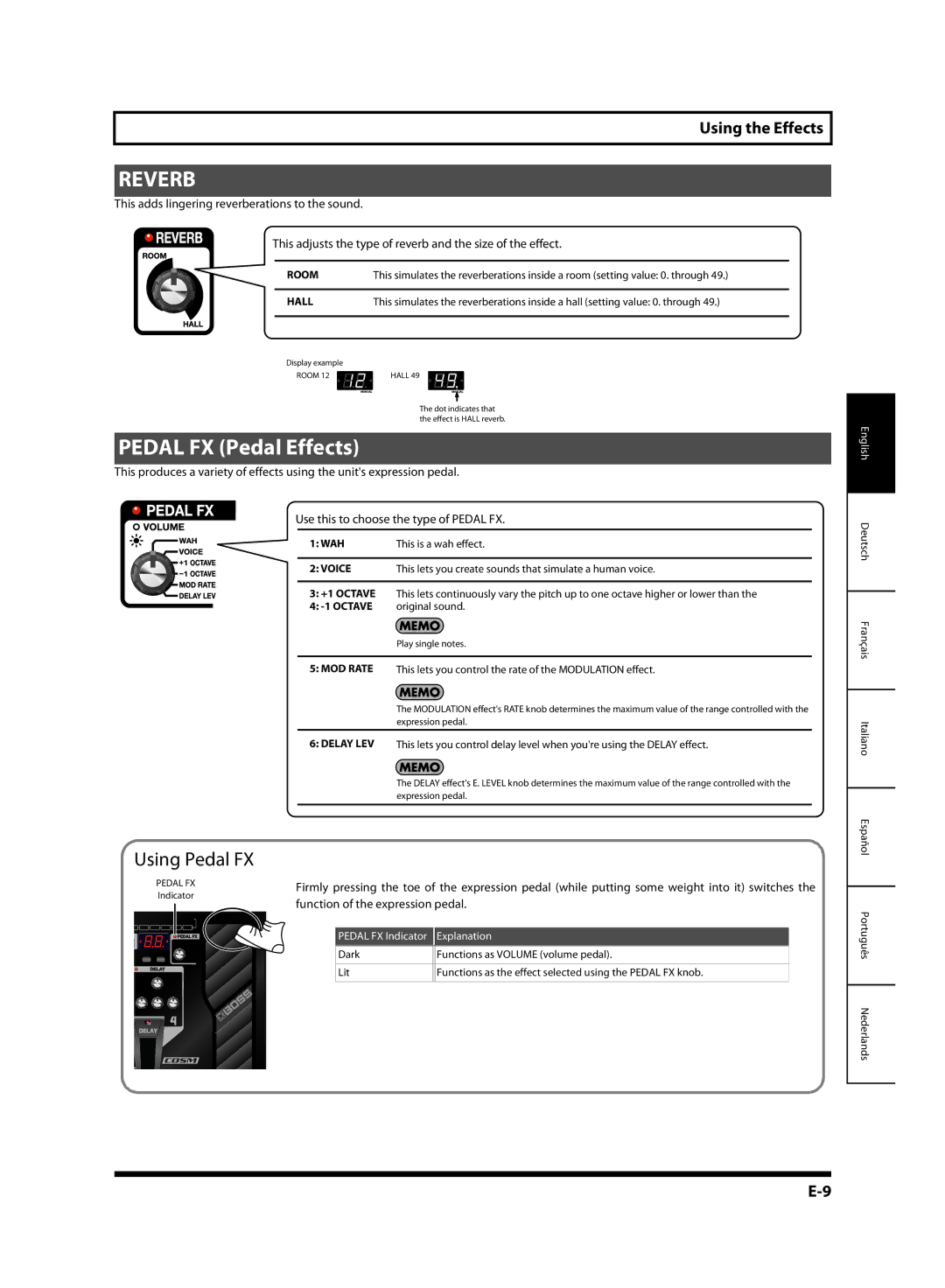 Roland G6037008-01, ME-70 owner manual Reverb, Pedal FX Pedal Effects, Using Pedal FX, Function of the expression pedal 