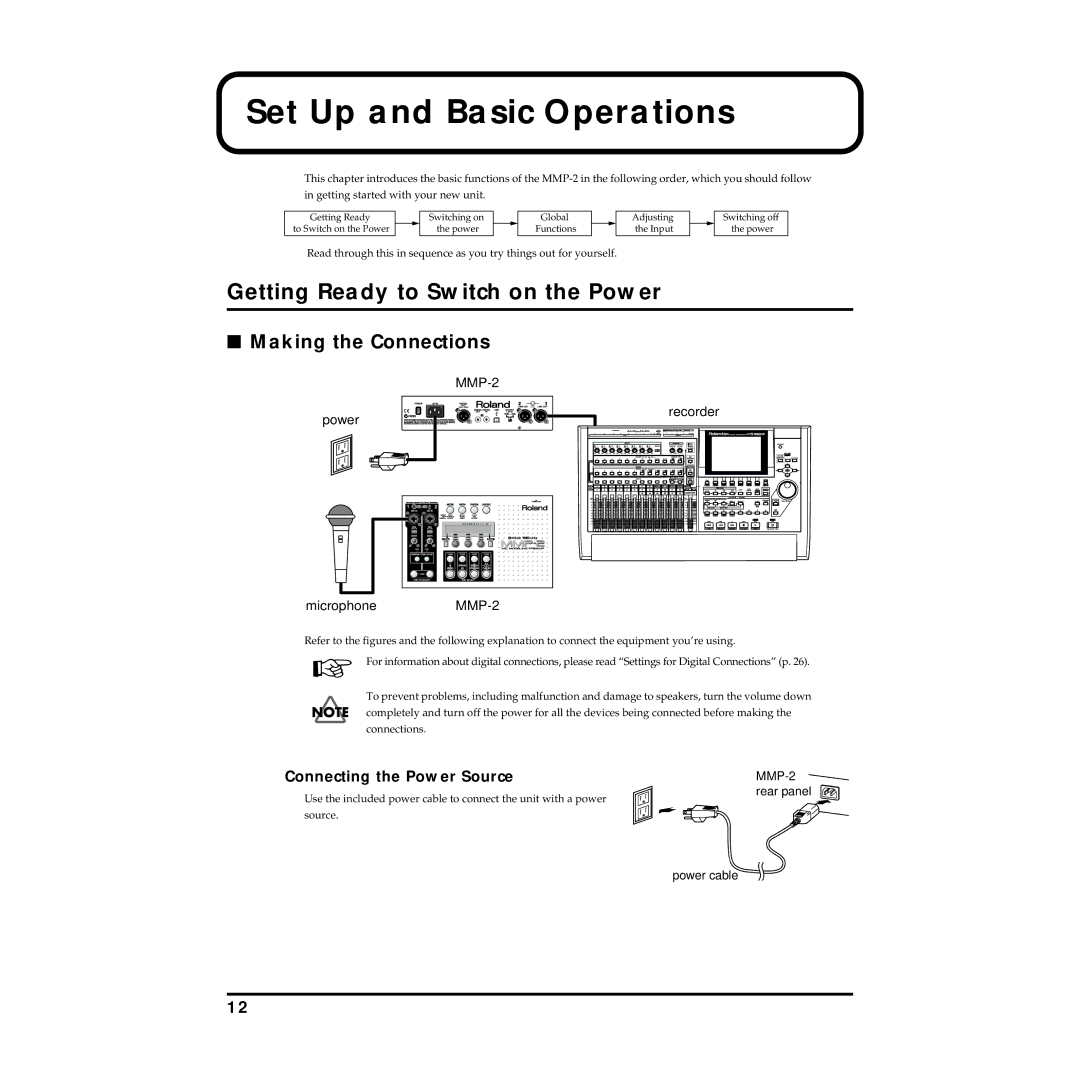 Roland MMP-2 owner manual Set Up and Basic Operations, Getting Ready to Switch on the Power, Making the Connections 