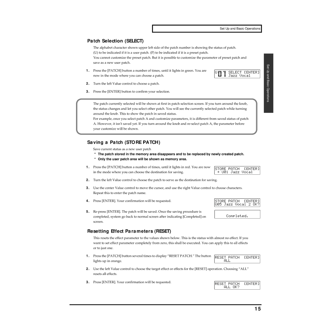 Roland MMP-2 owner manual Patch Selection Select, Saving a Patch Store Patch, Resetting Effect Parameters Reset 