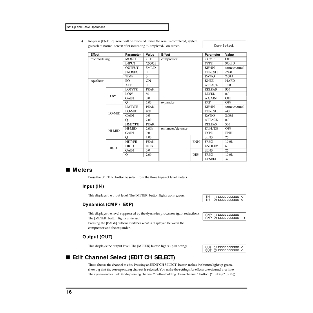 Roland MMP-2 owner manual Meters, Edit Channel Select Edit CH Select, Input, Dynamics CMP / EXP, Output OUT 