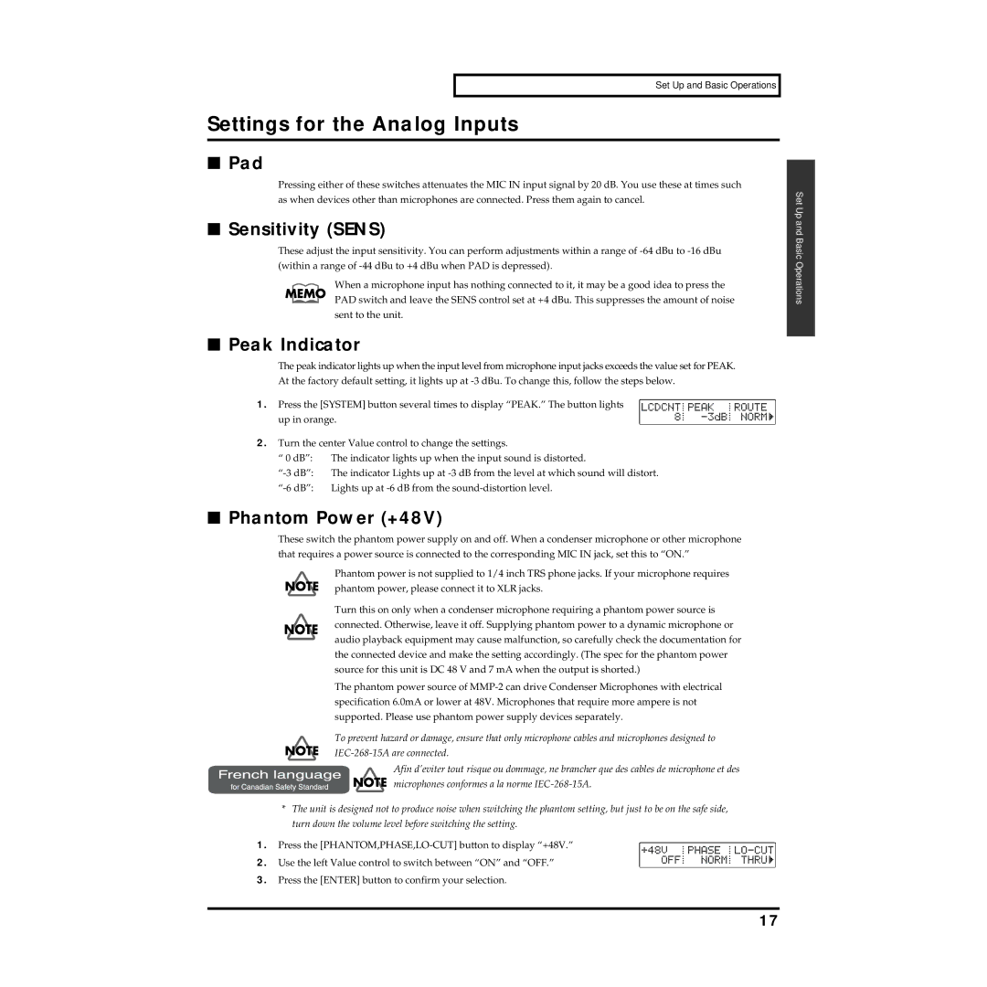 Roland MMP-2 owner manual Settings for the Analog Inputs, Pad, Sensitivity Sens, Peak Indicator, Phantom Power +48V 