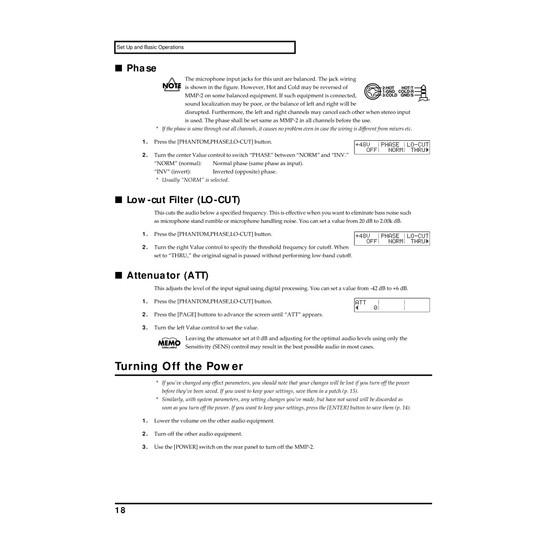 Roland MMP-2 owner manual Turning Off the Power, Phase, Low-cut Filter LO-CUT, Attenuator ATT 