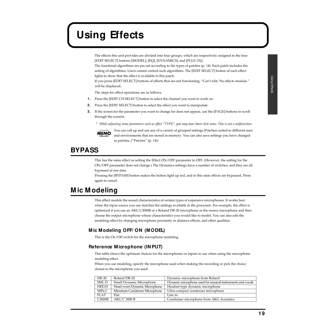 Roland MMP-2 owner manual Using Effects, Mic Modeling OFF/ON Model, Reference Microphone Input 