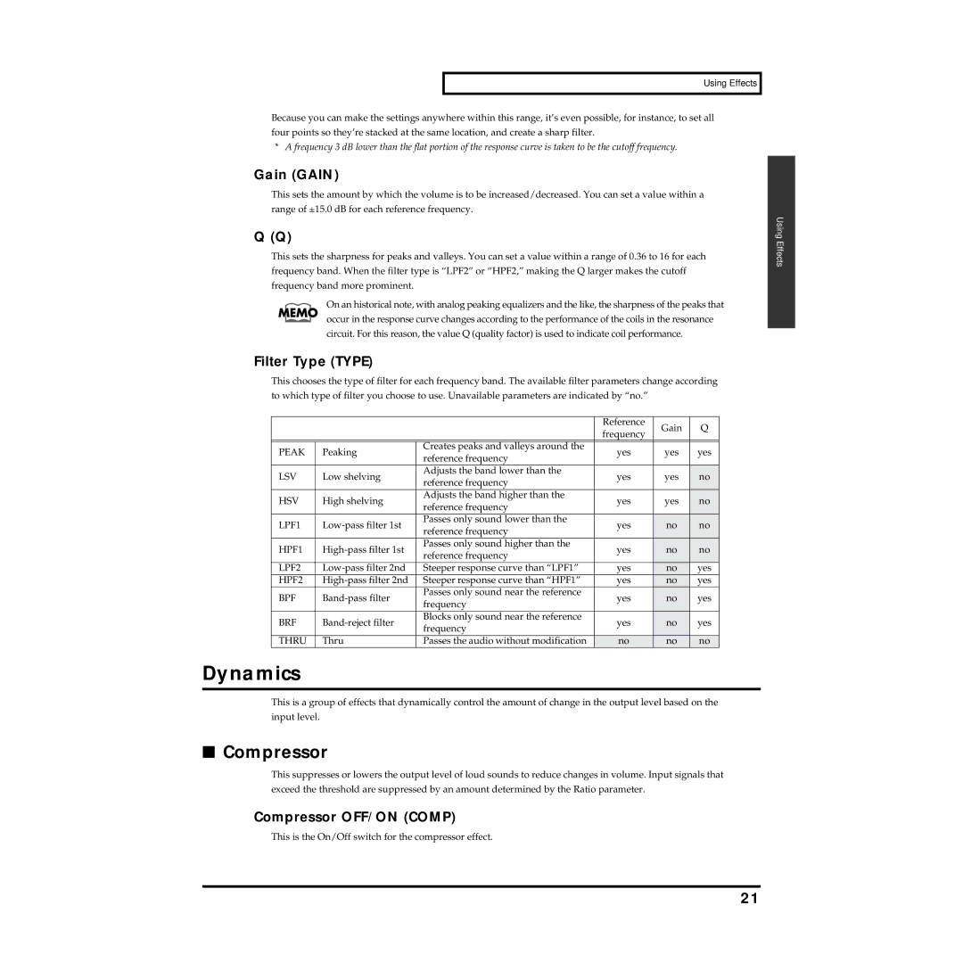 Roland MMP-2 owner manual Dynamics, Gain Gain, Filter Type Type, Compressor OFF/ON Comp 
